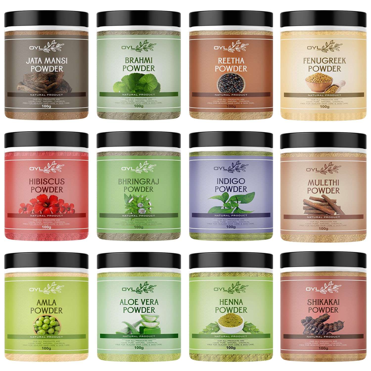 OYL Natural Jatamansi, Brahmi, reetha, Shikakai, Fenugreek, Hibiscus, Bhringraj, Mulethi, Amla, Aloe-Vera, Shikakai, Indigo & Henna Powder Combo Pack For Hair Care & Skin Care - 100g Each Pack Of 12 1