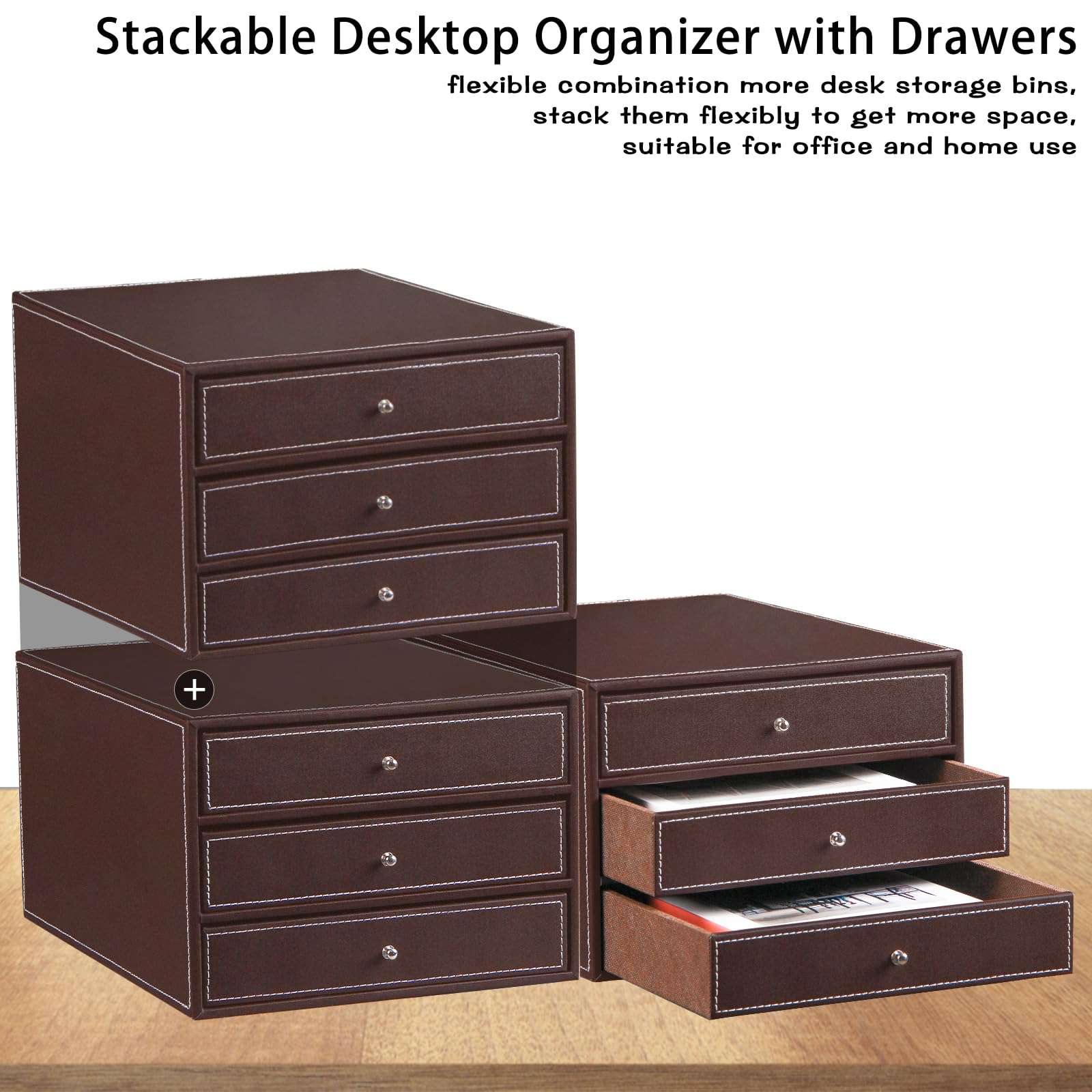 Desktop Organizer with Drawers,3 Drawer Office Desk Organizer,PU Leather Desktop Storage for Office Supplies/A4 Paper/Magazine/Book,for Office School Home 3