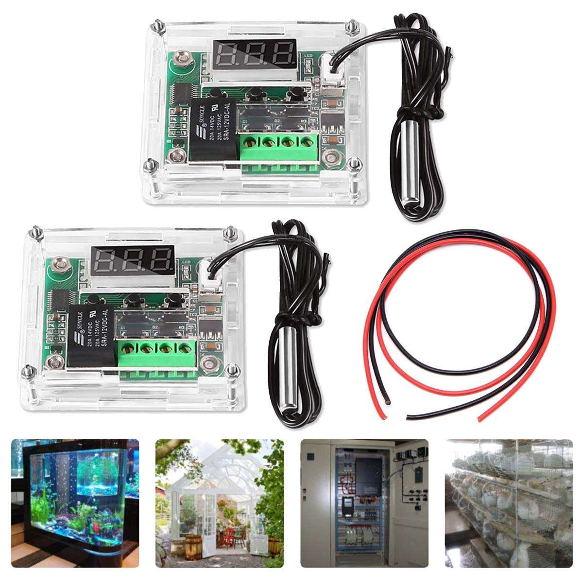DAOKI 2 Pcs W1209 12V DC Digital Temperature Controller Module -50~110℃ LED Display Thermostat Board with Waterproof NTC Probe, Case, 24AWG Wire 1