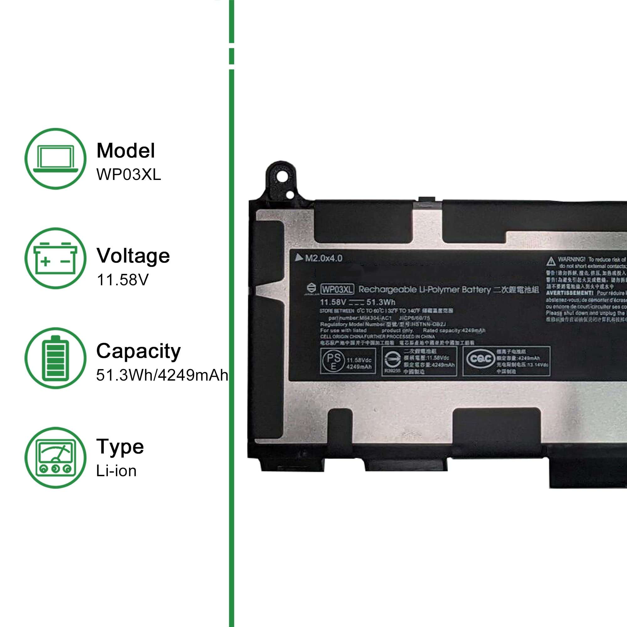 JIAZIJIA WP03XL M73466-005 Laptop Battery Replacement for Hp EliteBook 830 835 840 845 860 865 G9 G10 X360 1040 G9 G10 ZBook Firefly 14 G9 G10 Series Notebook HSTNN-OB2J M64304-AC1 11.58V 51.3Wh 2