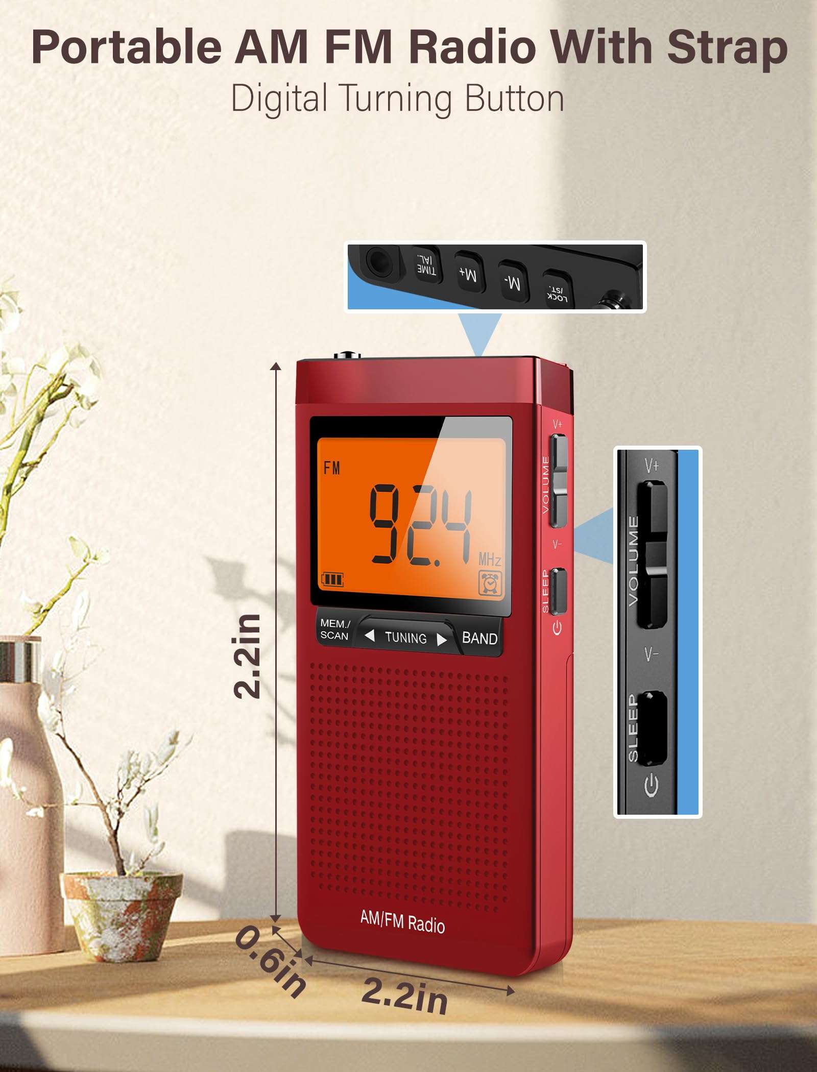 AM FM Radio Portable with Best Reception, Pocket Radio Battery Powered with Stereo Earphone, Digital LCD, Built-in Alarm Clock and Sleep Timer for Indoor & Outdoor and Emergency Use, Gift for Elderly 6