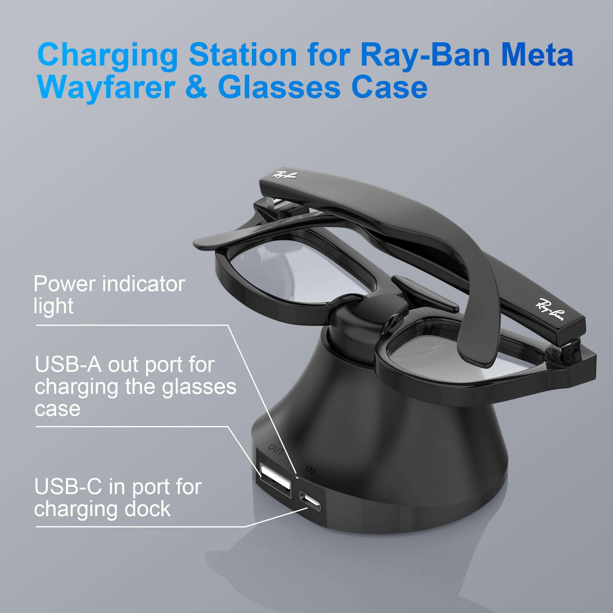 HiBloks Magnetic Charging Station for Ray-Ban Meta Wayfarer Smart Glasses (RW4006/RW4008), Fast Charging Dock with LED Indicator, Compatible with Glasses Case 3