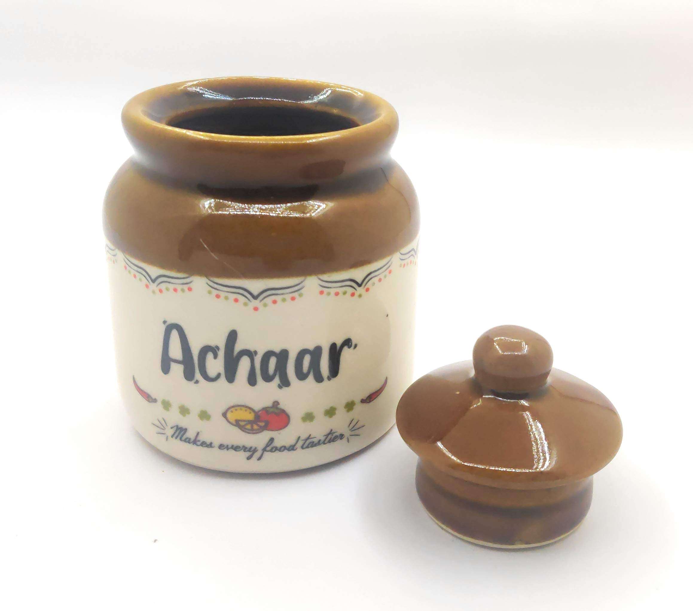 Ek Do Dhai Classic Pickle Achar Love Ceramics Jar with Lid, Big Food Storge Canister Porcelain Dry Food Container Round White Kitchen Countertop Pantry for Store Chutney Martbaan Stoneware 1 Piece 1