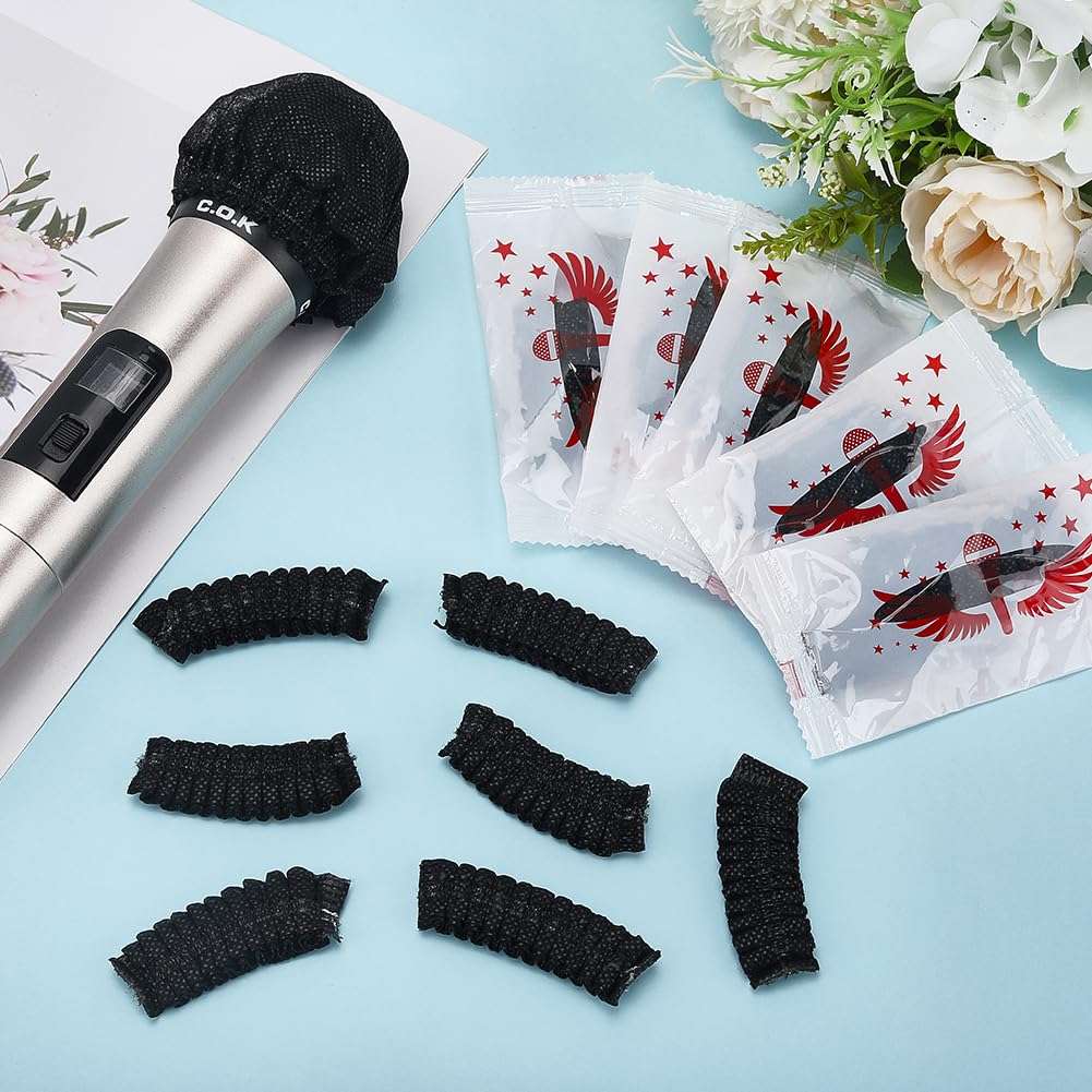 CREATCABIN 100Pcs Black Microphone Cover Handheld Mic Cover Hygienic Non Woven Soft Cloth Microphone Mike Windscreen Protective Small Caps Sleeves for KTV Karaoke Bar News Interview Mic Mike 4