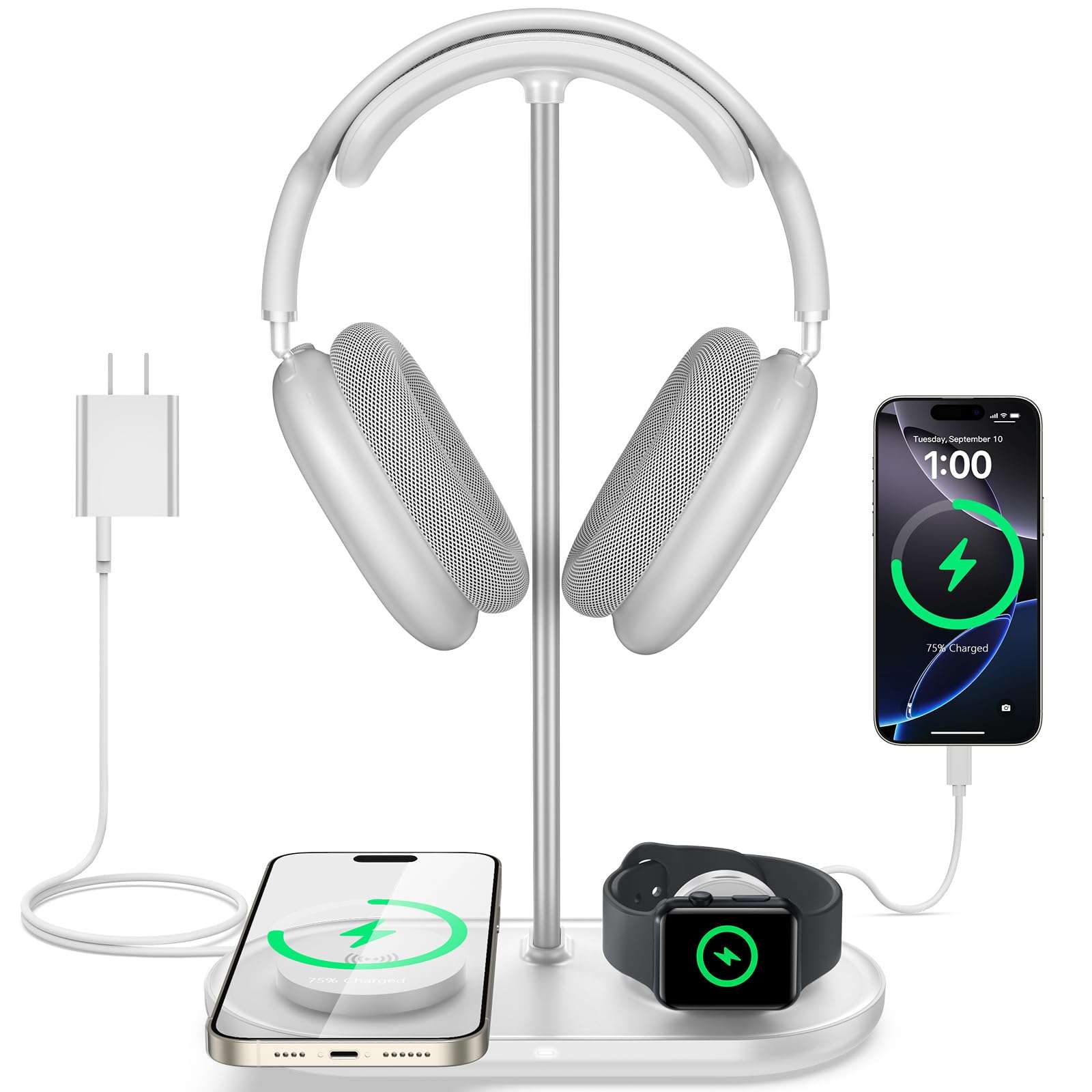 TopMade 5 in 1 Headphone Stand for Desk with Wireless Charger & USB Charging for iPhone/AirPods/iWatch, Universal Desktop Gaming Headset Holder for Airpods Max, Bose, Beats, Razer and More, White 1