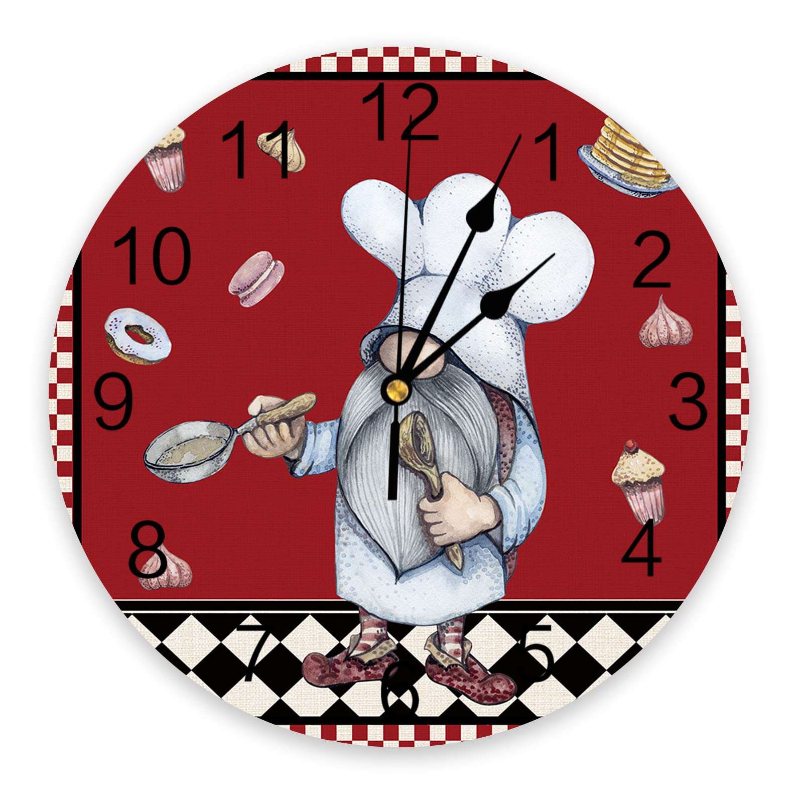 CosyBright Silent PVC Wall Clock 10 Inch Round Wall Clock Gnomes Chef Cookie Red Hanging Clock for Kitchen Non Ticking Battery Operated Living Room Mute Clock 1