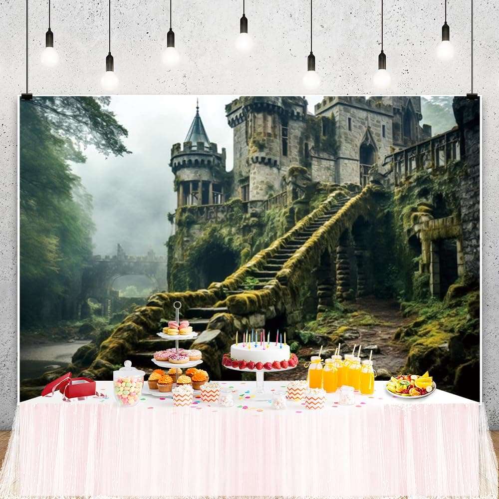ChloropLastid 10x8ft Enchanted Castle Backdrop Medieval Forest Vintage Smoky Green Jungle Trees Meadow Magic Mysterious Photography Background Adventure Camping Drama Show Party Decor 4