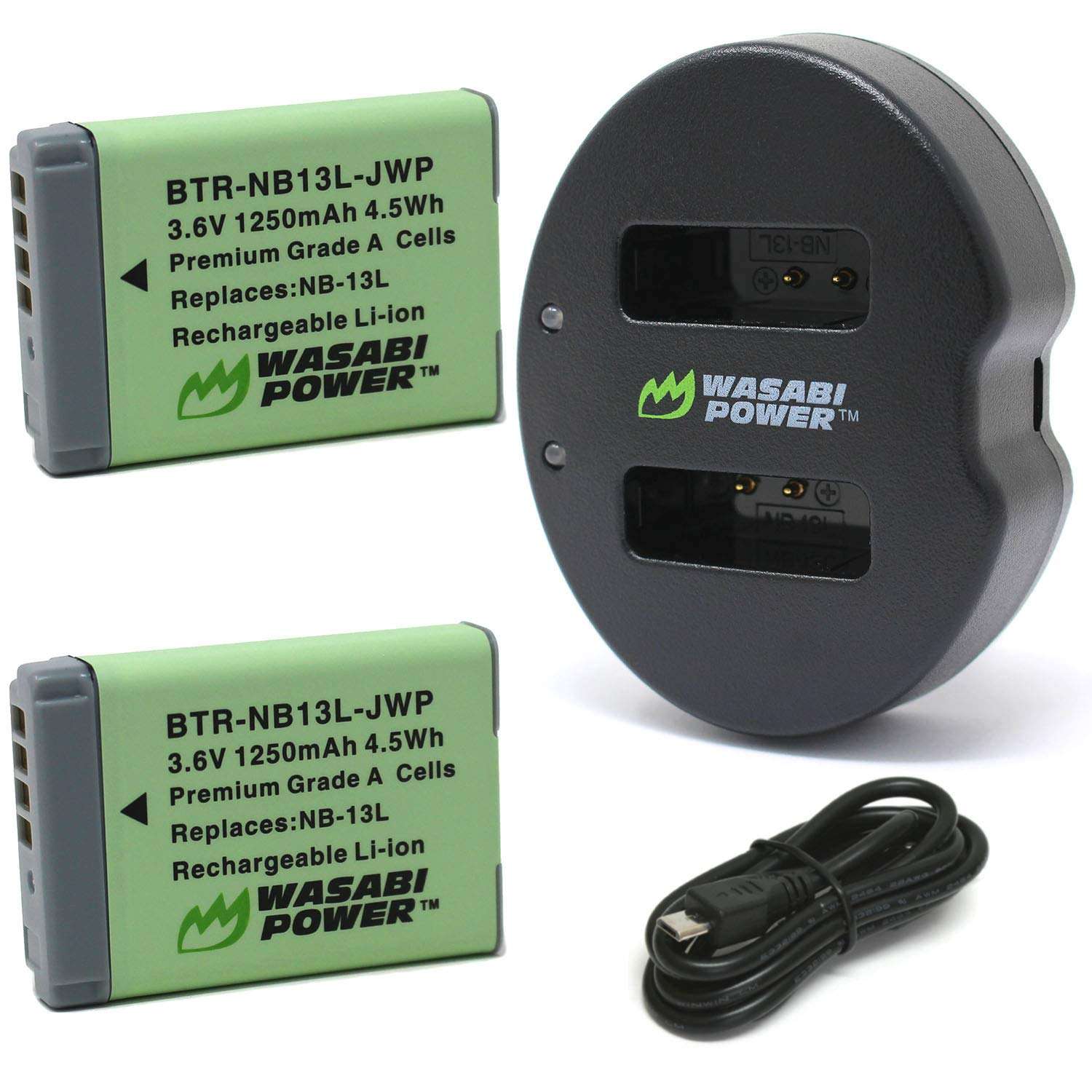 Wasabi Power Battery (2-Pack) Dual Charger for Canon NB-13L, PowerShot G1 X Mark III, G5 X, G5 X Mark II, G7 X, G7 X Mark II, G7 X Mark III, G9 X, G9 X Mark II, SX620 HS, SX720 HS, SX730 HS, SX740 HS 1