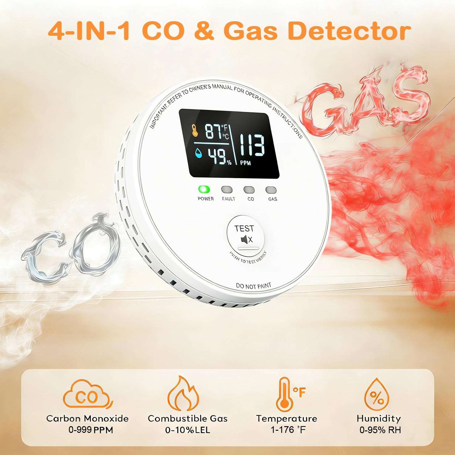 Carbon Monoxide Detectors and Natural Gas Detector, 4-in-1 Carbon Monoxide Detectors Plug in, CO Detector with Dual Alarms, Temperature(°F/℃) & Humidity Sensor for Home, RV, Black, 2 Packs 3