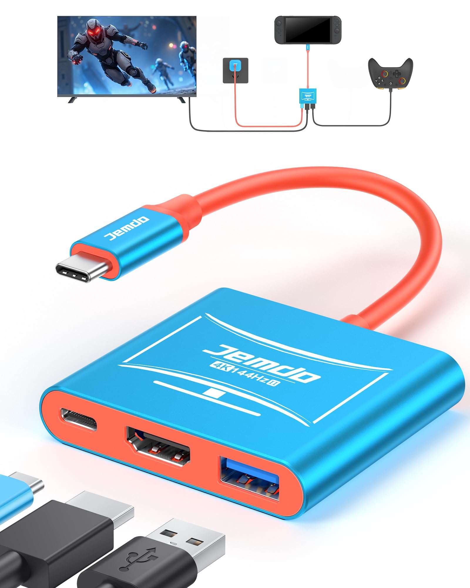 JEMDO Switch 2 Dock for TV (V22.0.0), 4K@144Hz HDR, HDMI 2.1 USB-C Adapter with 48Gbps, USB 3.2 & PD 100W Fast Charging Portable Travel Dock, Compatible with Nintendo Switch 2 / OLED / 2017 2