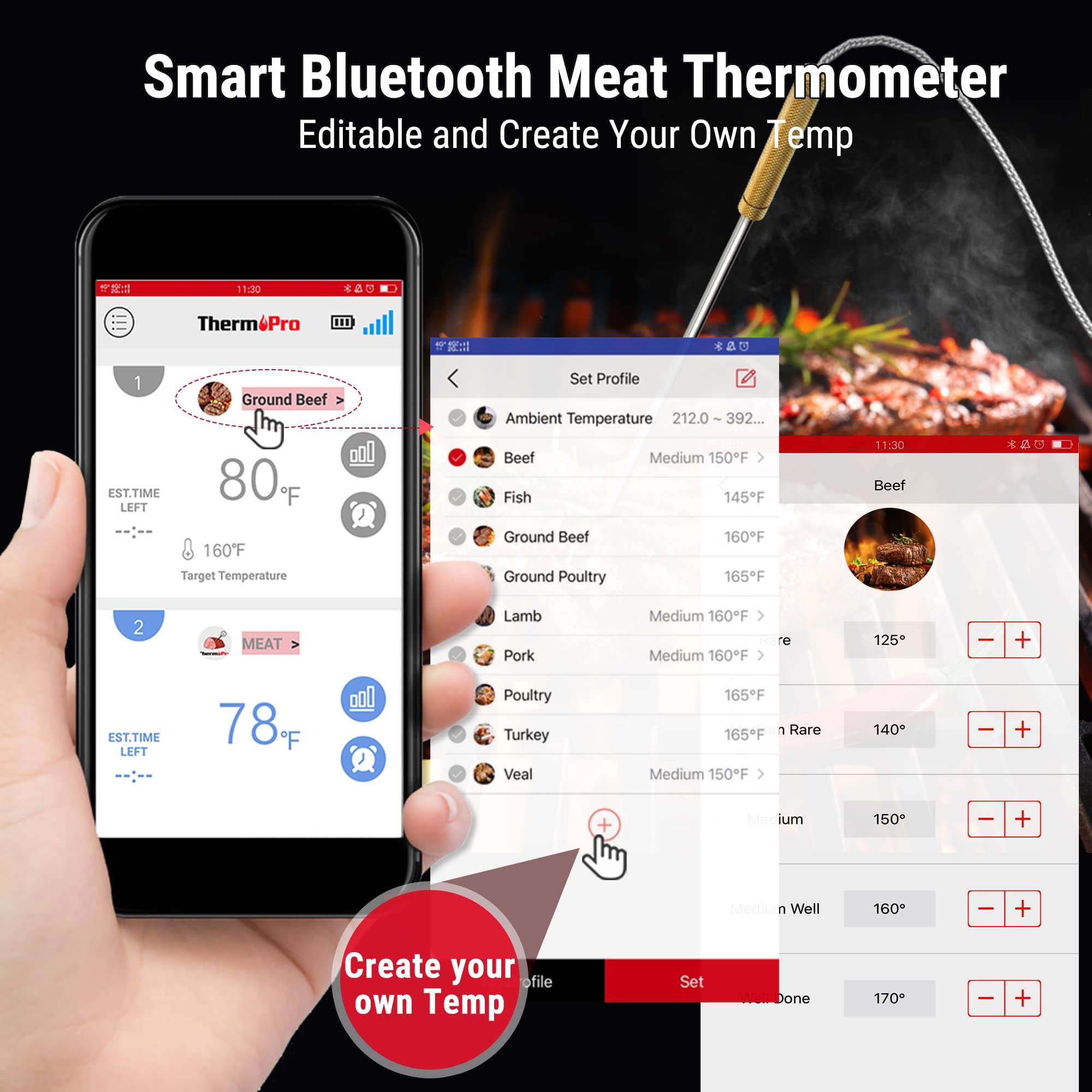 ThermoPro TP25 650FT Bluetooth Meat Thermometer with 4-Probes, Smart Rechargeable Wireless Meat Thermometer for Grilling, Smoker, Oven, Kitchen, BBQ Thermometer with Alarm, Temperature Graph, Black 4
