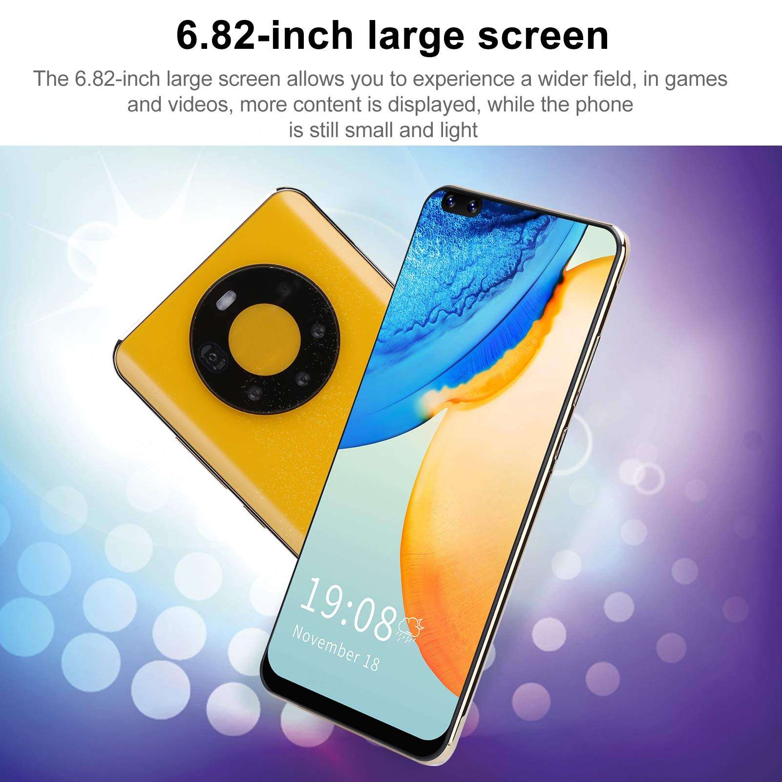 Zyyini Mate50 Pro+ Unlocked Smartphone, 6.82'' HD Full Screen Smartphone, Dual SIM, 2GB + 16GB, 2MP + 5MP Camera Autofocus, APP Face Recognition, with WiFi+BT+FM+GPS(Yellow) 4