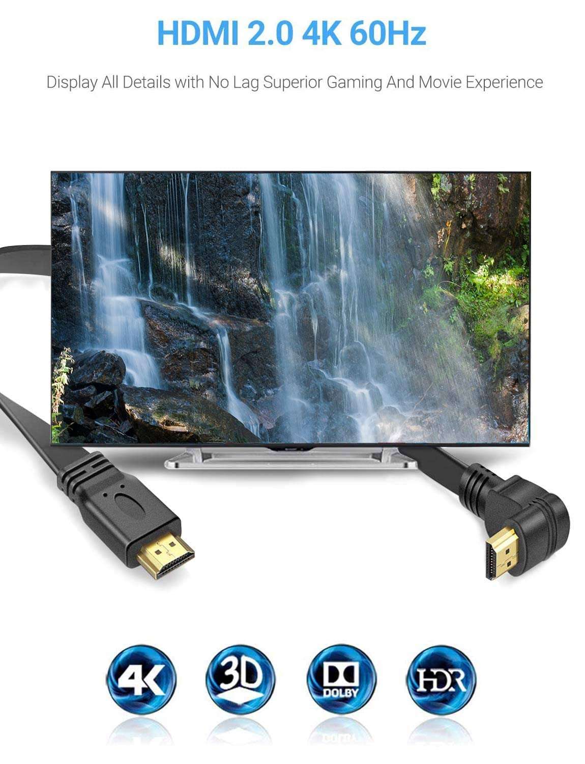 URWOOW Flat Slim High Speed HDMI Male to Male Extension Cable 270 Degree Right Angle (1 Feet) Adapter Converter Cable 4