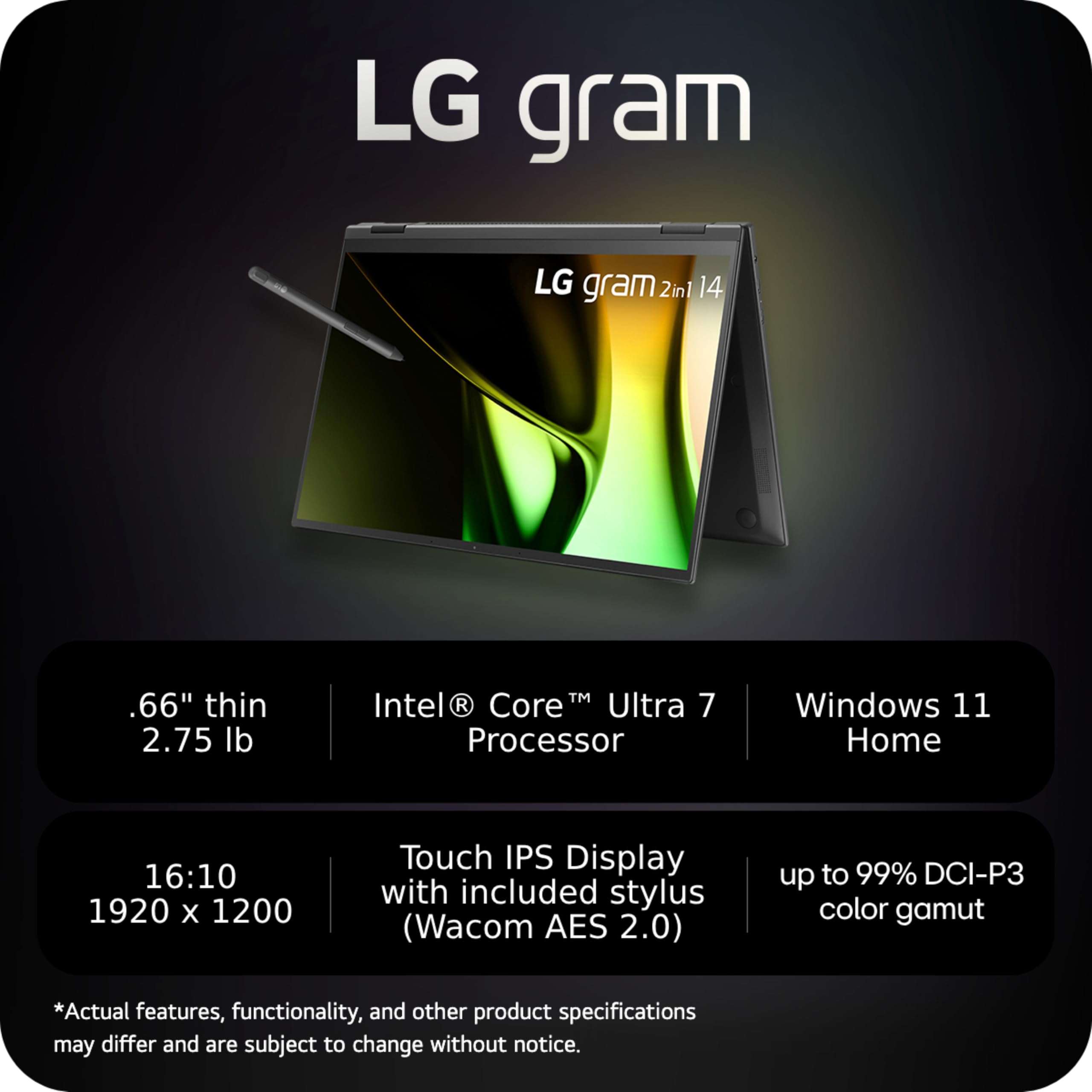 LG gram 14-inch 2in1 Lightweight Laptop, Intel Evo Edition - AI-enabled Intel Core Ultra 7 Processor, Windows 11 Home, 16GB RAM, 1TB SSD, Touch IPS Display, Black 2