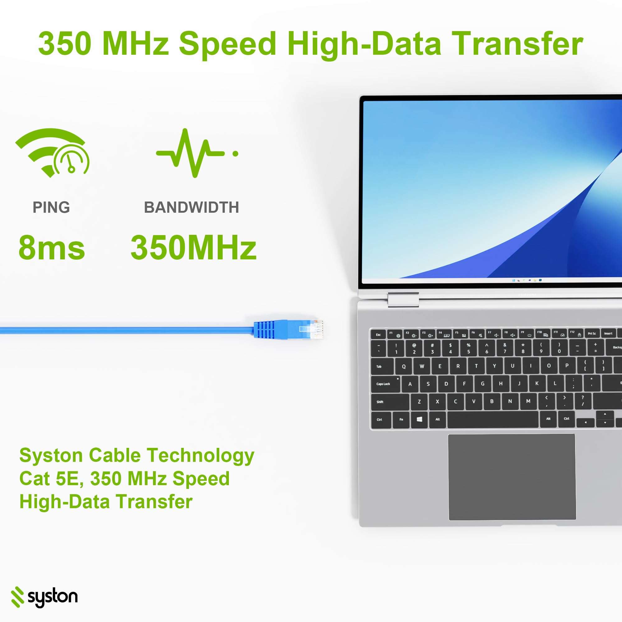 Syston Cat5e Ethernet Internet Cable Patch Cord - 100 FT Green, 350 MHz 24 AWG 4 pr UTP Solid Bare Copper Wire Indoor/Outdoor PoE PC Laptop, CMP Plenum-Rated UV Resistant RoHS Compliant UL ETL Listed 6