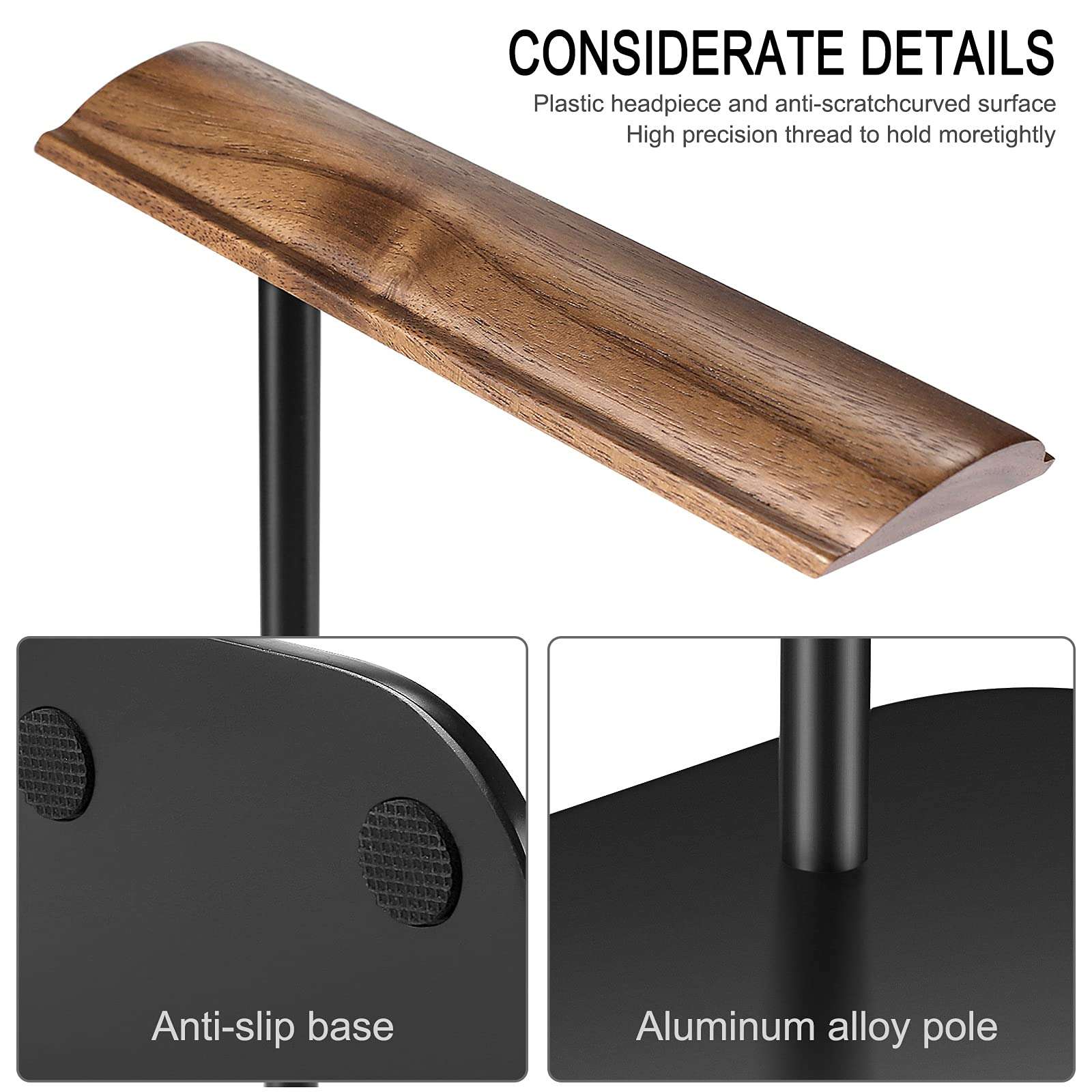 G GVOEARS Headphone Stand, Walnut Wood Headset Stands, Support Dual Headphones Suspension & Aluminum Alloy Support Rod Hanger, Dual Headphones Stand,Headset Holder 4