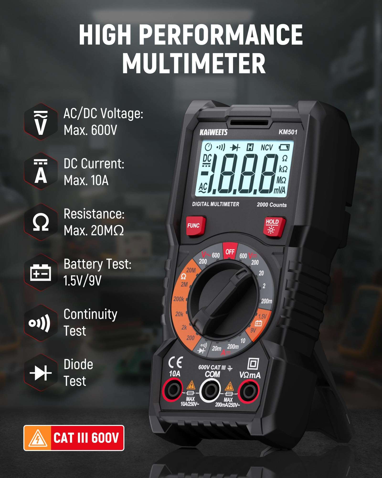 KAIWEETS Electrical Test Kit KIT01, Digital Multimeter, Smart Non-Contact Voltage Tester & GFCI Outlet Tester with LCD, Complete Set with Carrying Case & Batteries for Electrician, DIY & HVAC 4