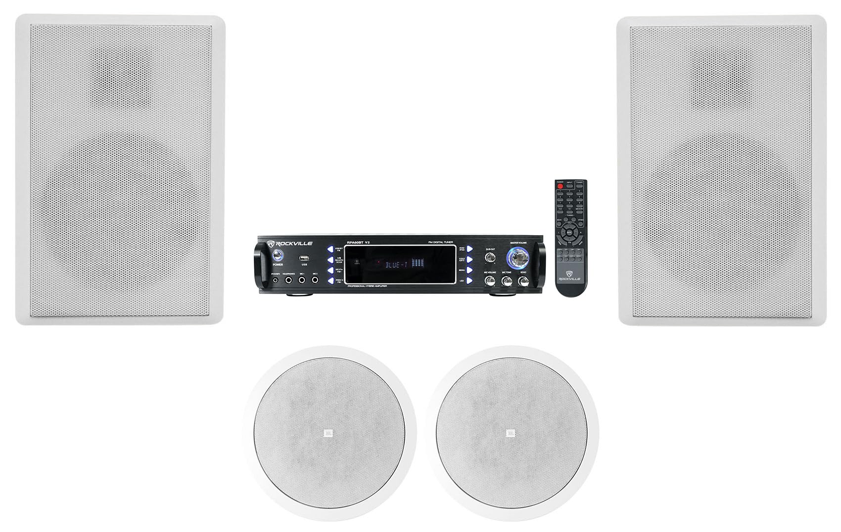 Audiosavings Bundle: Rockville RPA60BT V2 1000W USB Amplifier Bundle with Pair of JBL Control 26C 6.5" Speakers, Pair of RockSlim White 5.25" 240W Wall Mount Slim Speakers (3 Items)