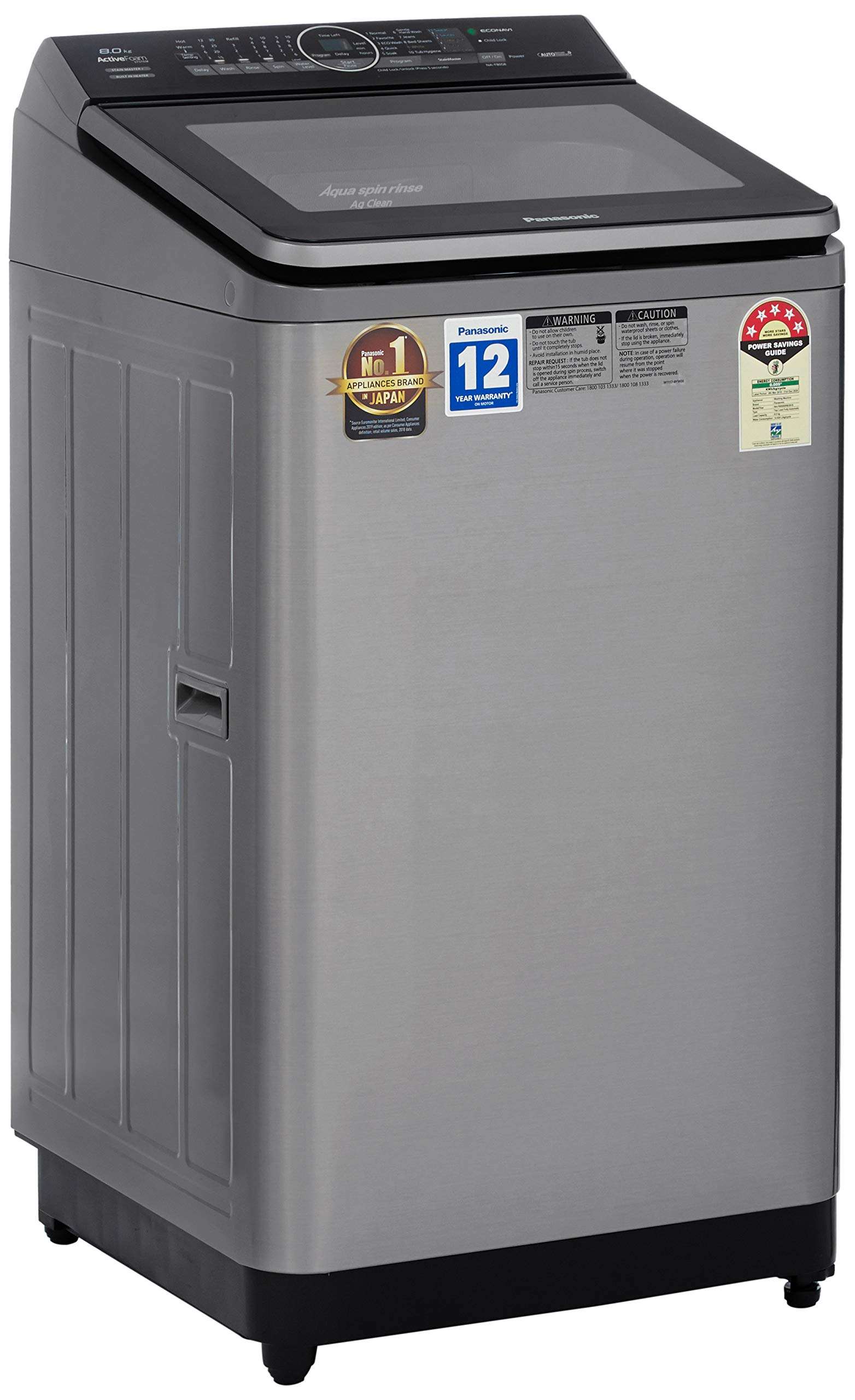 Panasonic 8 kg Built-in Heater Fully-Automatic Top Loading Washing Machine (NA-F80S8SRB,Stainless Steel, Active Foam System) with Built in Heater, EcoNavi, Gentle Hand Wash 3