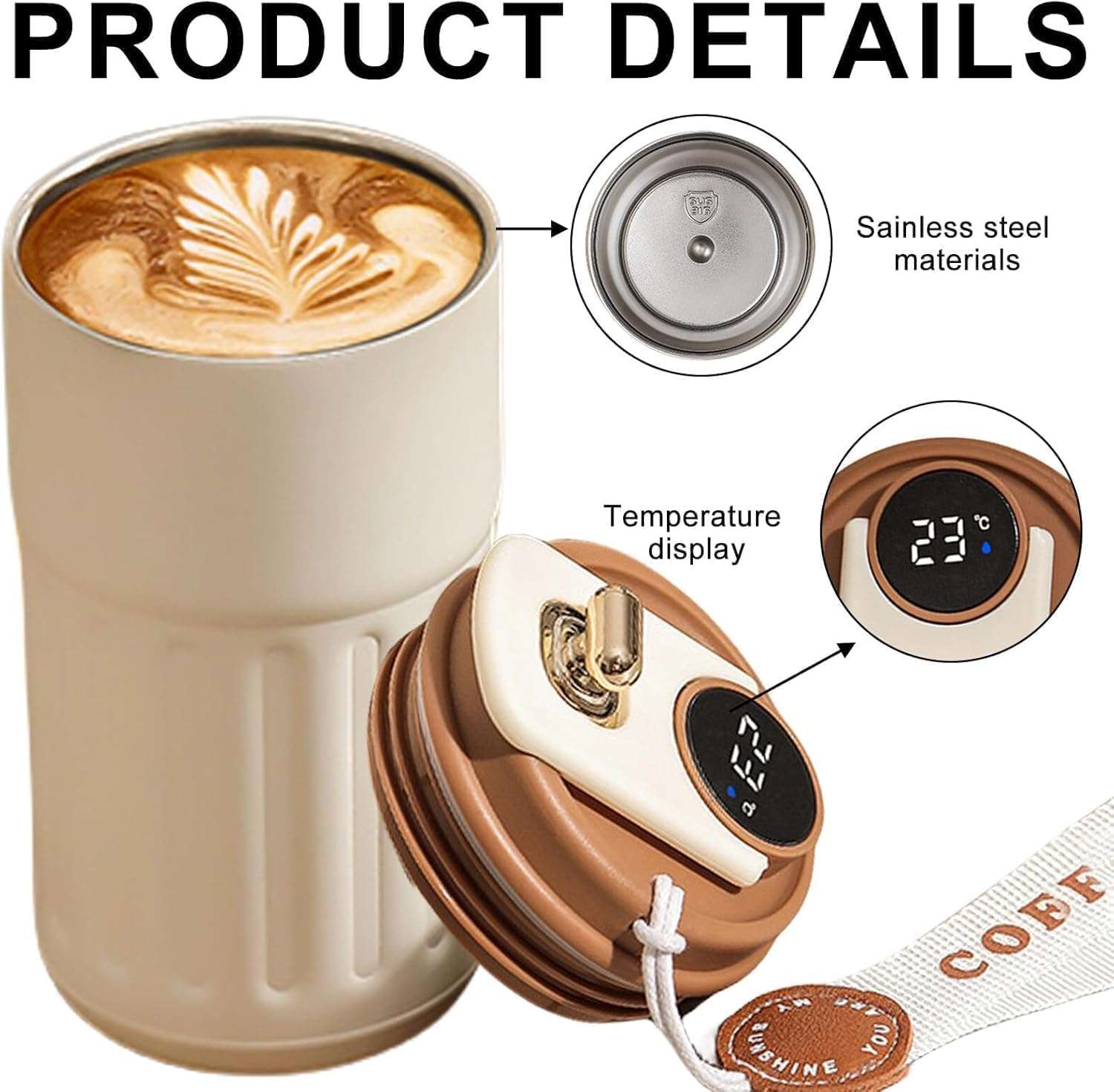 Roslen Coffee Travel Mug with Smart Temperature Display, Double Walled Stainless Steel Tumbler, Vacuum Insulated Coffee Mug Leakproof Lid, Double Walled Reusable Coffee Cup for Hot and Cold (Brown) 4