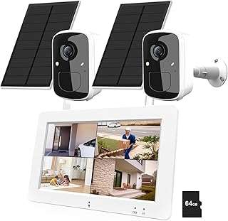 HXVIEW Wireless Security Camera System with 7" Touchscreen Monitor, 2PCS 4MP WiFi Solar Powered Camera Outdoor, PIR Human Detection, 2-Way Audio, Color Night Vision, Pre-Installed 64GB SD Card