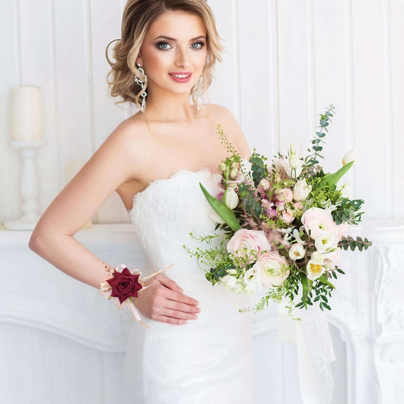 URROMA Wrist Corsage Boutonniere Set, 2Pcs Red Rose and Yellow Ribbon Artificial Corsage Flower Bracelet Prom Party Homecoming Wristband Flowers 6