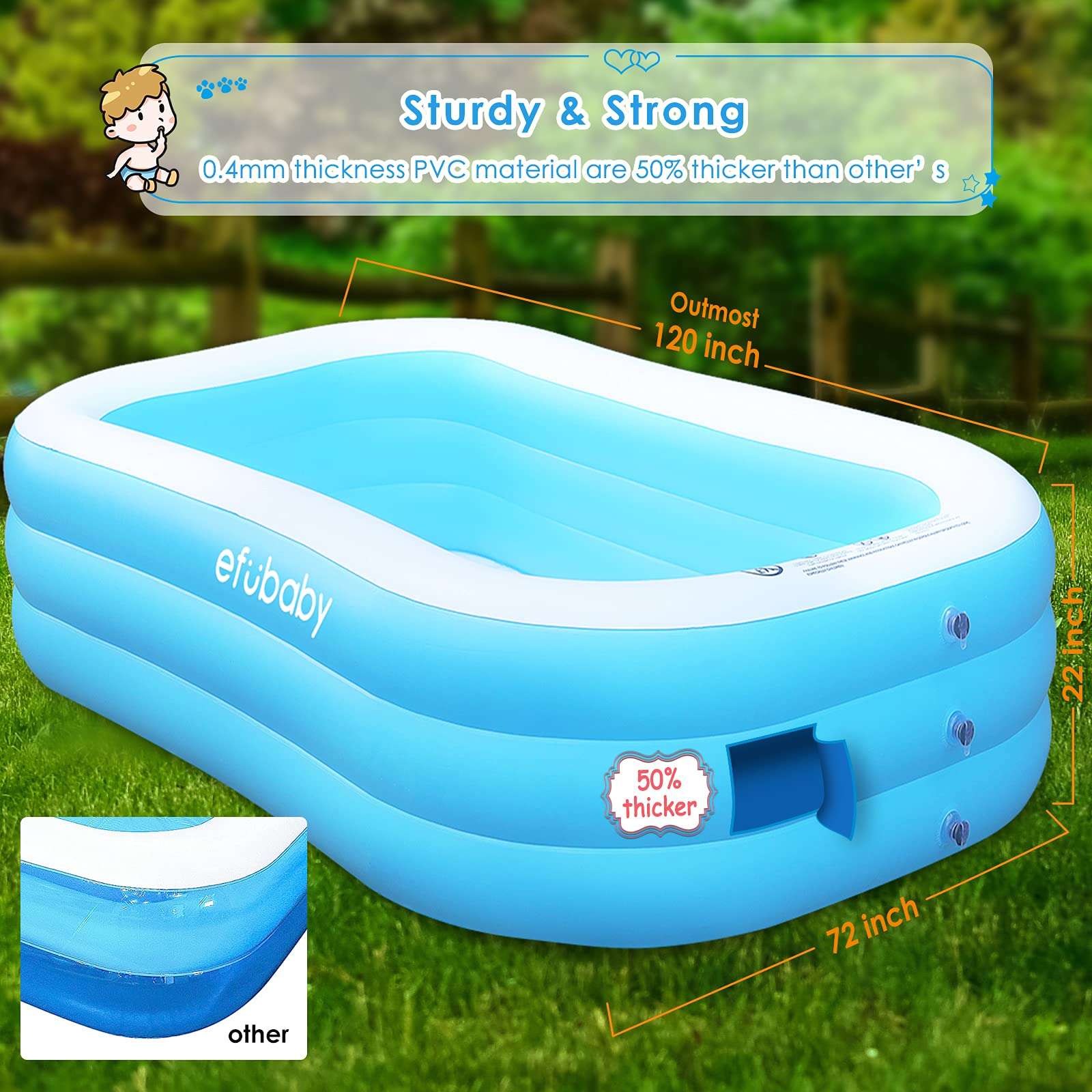 Inflatable Swimming Pool efubaby 120" X 72" X 22" Swimming Pools Blow up Pool Full Sized Inflatable Pools Toddler Pool Family Pool for Adults Kids Age 3 +Pool for Backyard Pools Kiddie Pool Light Blue 5