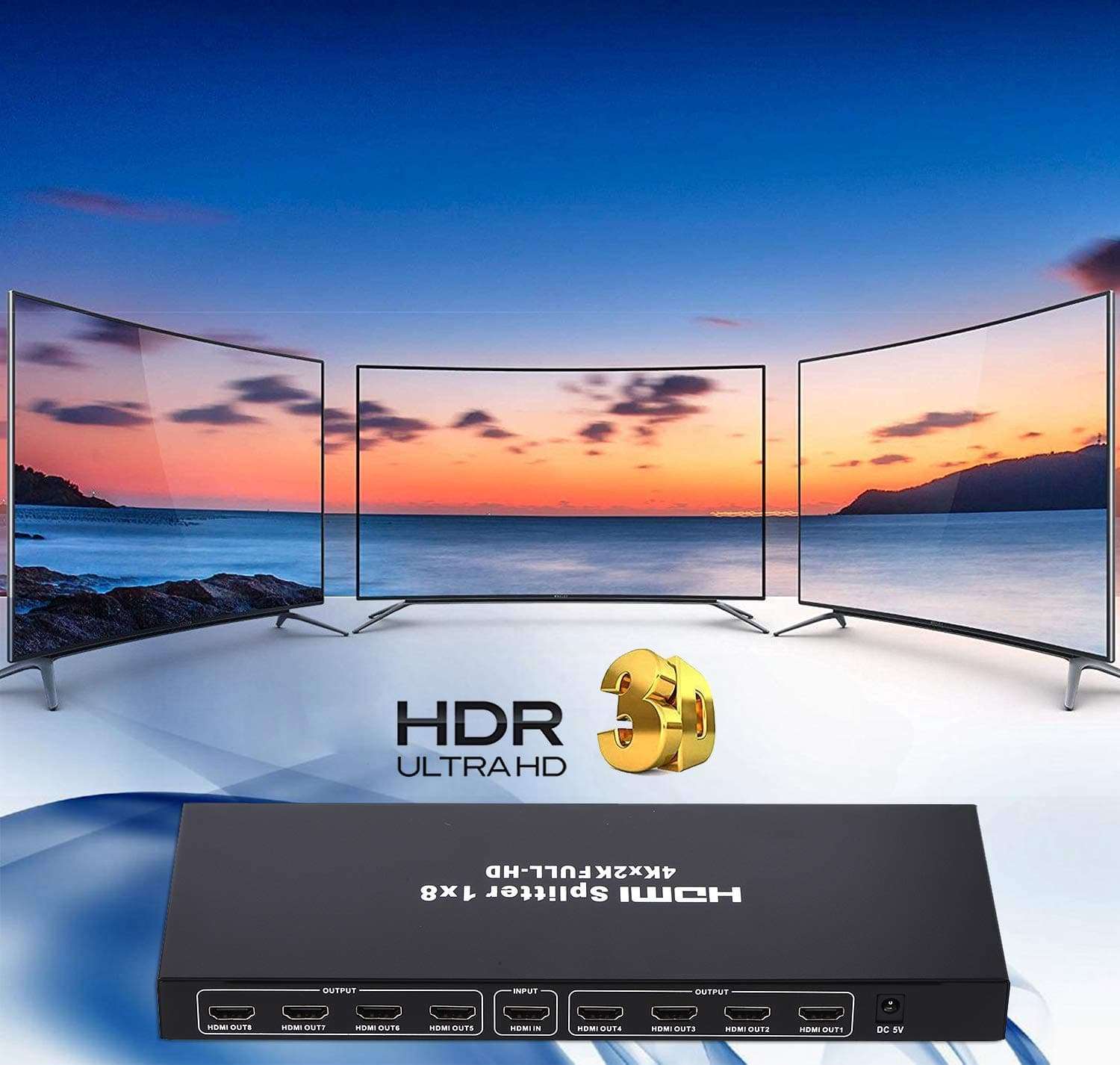 1x8 HDMI Splitter, 1 in 8 Out HDMI Splitter Audio Video Distributor Box Support Full HD 3D & 4K x 2K Compatible for Projector, HDTV, STB, DVD, PS3 Etc 4