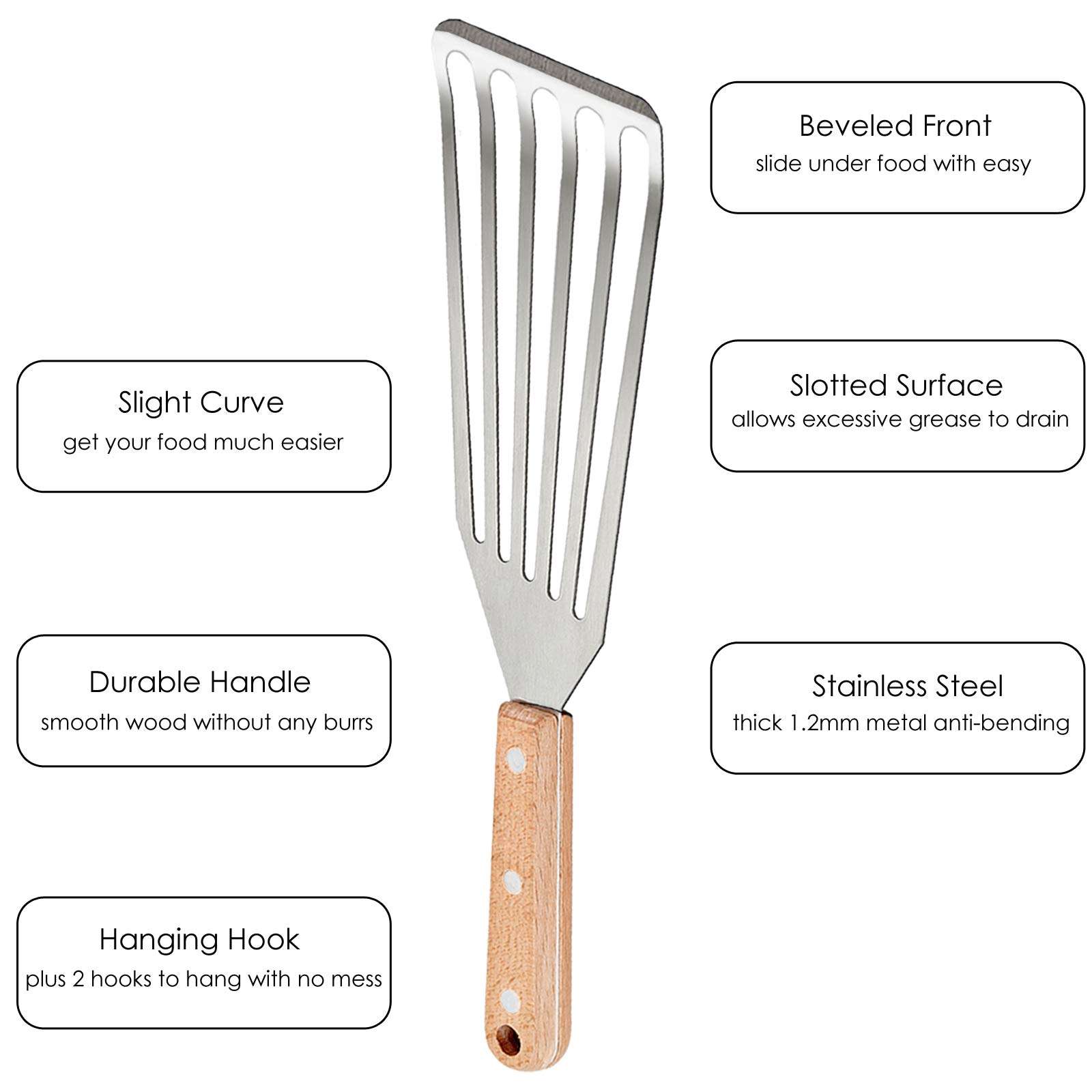 Fish Spatula Set of 2, HaSteeL Stainless Steel Slotted Spatula Turner with Riveted Wooden Handle, Professional Metal Spatulas Great for Kitchen Cooking Flipping Frying & Grilling, 2 x Hooks 4
