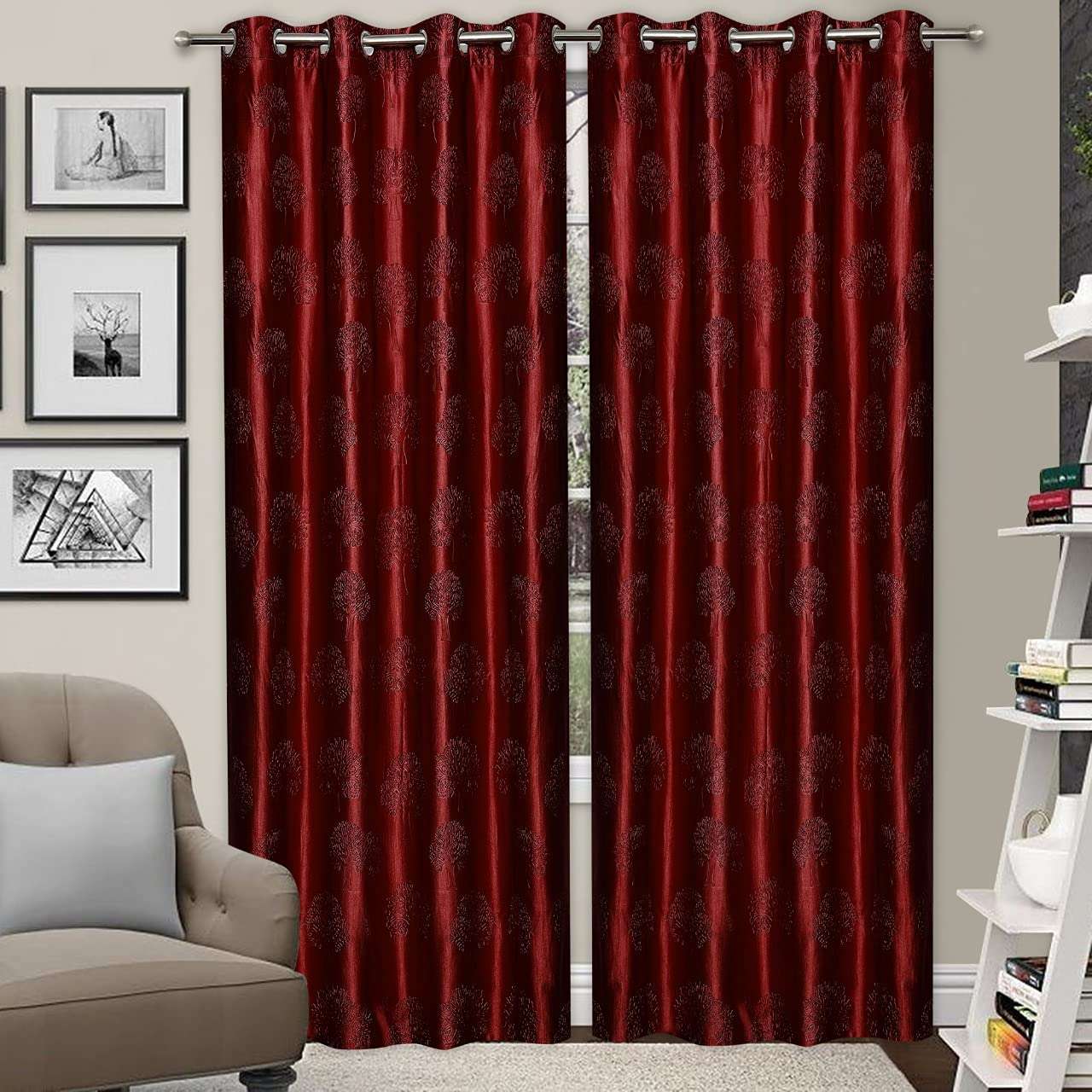 GRIHSHOBHA Polyester Tree Punch Window Plain Room Darkening Thermal Insulated Window Door Curtains Parde for Bedroom, Living Room, 6 Feet Long, Maroon, Set of 2 2