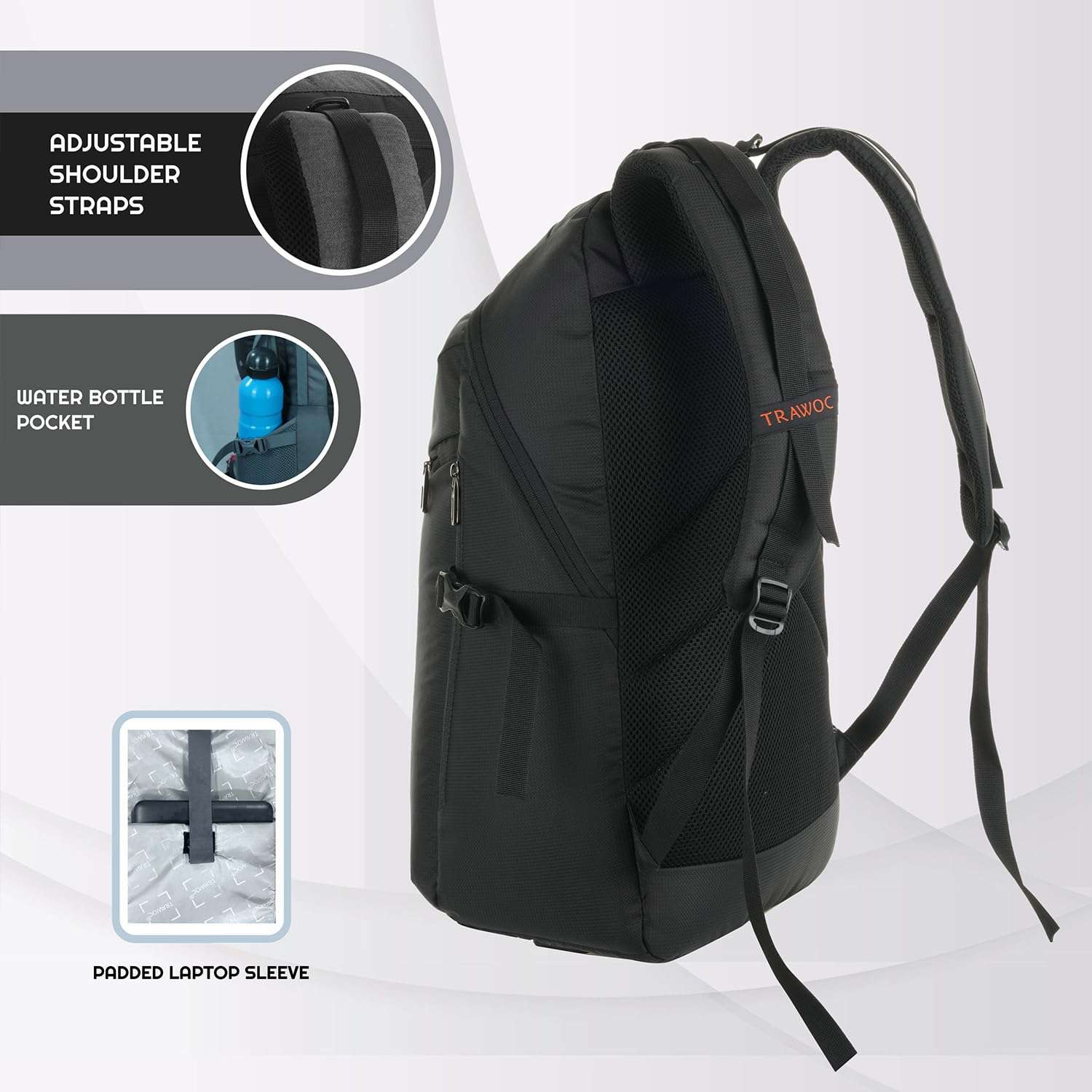 TRAWOC VIPER 40L Travel Backpack Versatile 40 Litre travel Bag for Men and Women, Laptop Backpack with water resistant fabric, Casual Bag Suitable for All Occasions Black 6