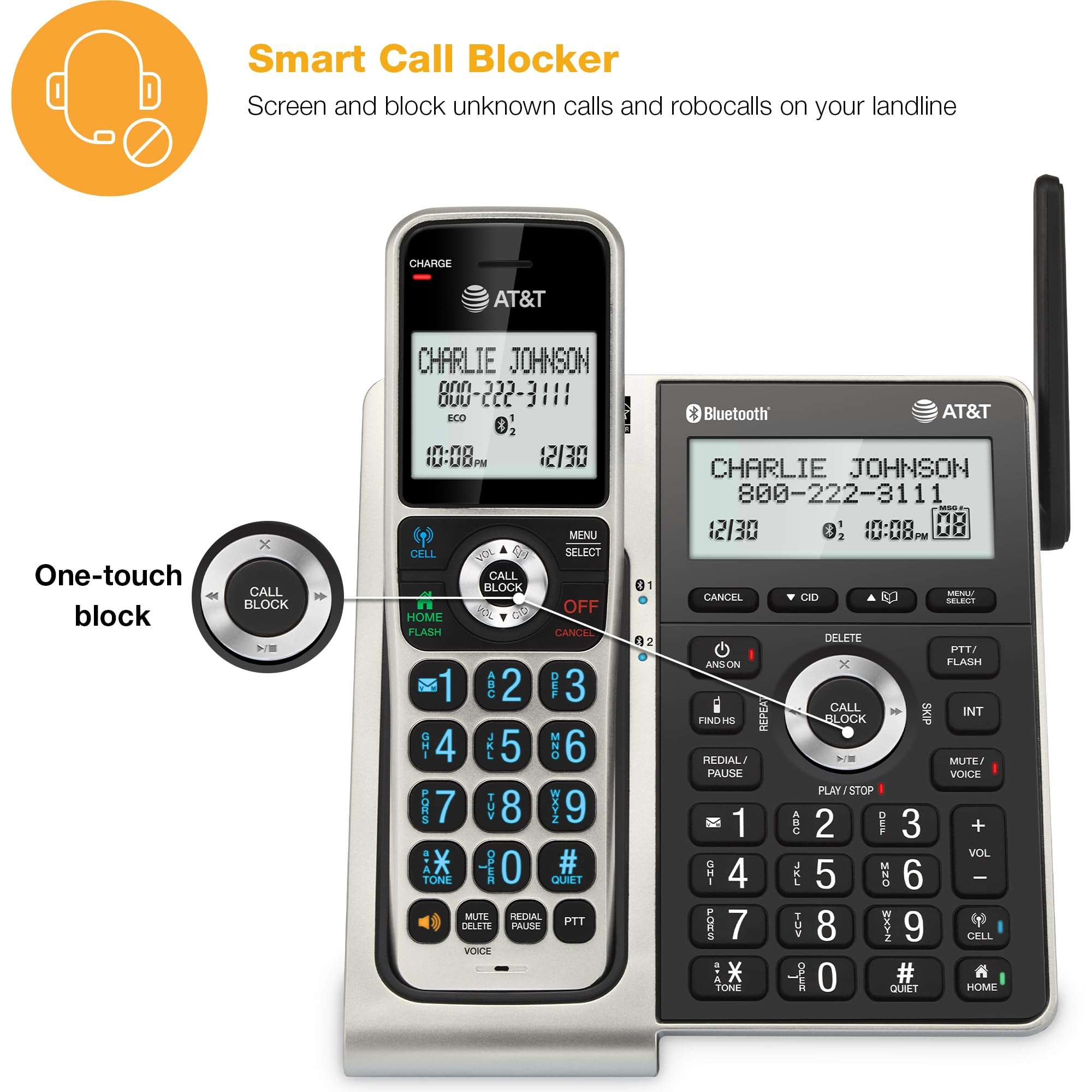 AT&T BL3107-3 3-Handset DECT 6.0 Cordless Home Phone with Bluetooth, Answering System, Smart Call Blocker, Extended Range, 2" Backlit Screen, Lighted Keypad with Big Buttons, Caller ID & Call logs 3