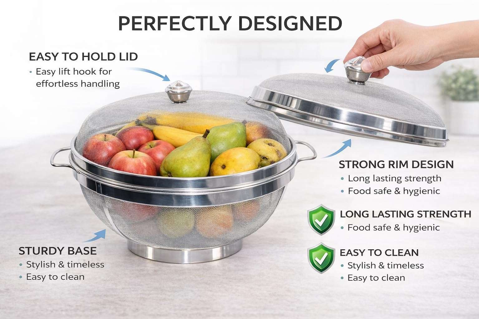 VINART Stainless Steel Fruit Basket with Lid | Fruit & Vegetable Storage Basket for Kitchen & Dining Table (12 Inch) 5