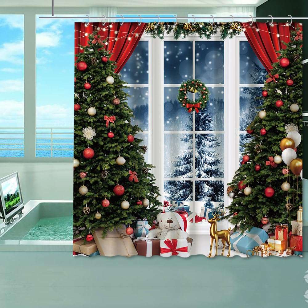 TOKTILIKT 72 x 72 Inches Christmas Tree Shower Curtain White Window Xmas Gifts Pine Snowy Bathroom Decoration Polyester Fabric Home Bathtubs Supplies