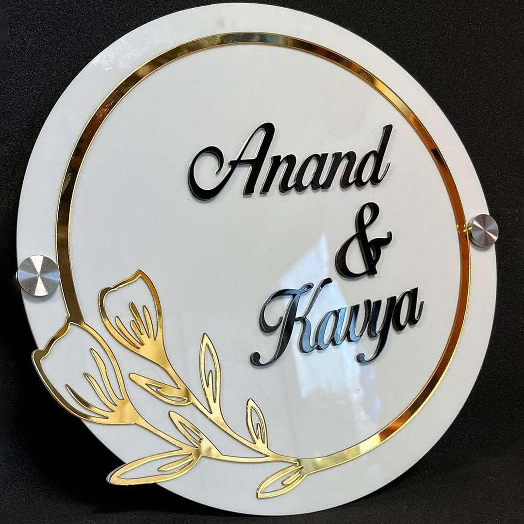 CHELNA Customized Acrylic Floral Pattern with Ring Laser Cut Nameplate with Stainless Studs for Door Entrance (White) (12inchX12inch) 5