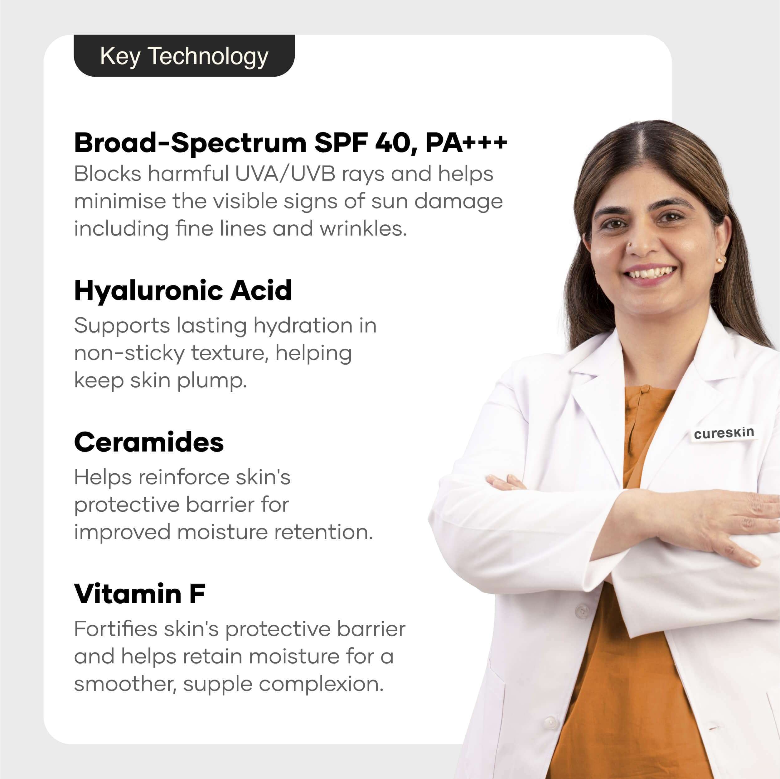 Cureskin SPF 40 Ceramide Sunscreen with Hyaluronic Acid & Ceramides | 2-in-1 Sunscreen Moisturizer, Broad Spectrum, SPF 40 & PA+++, 50 g (Pack of 1) 5