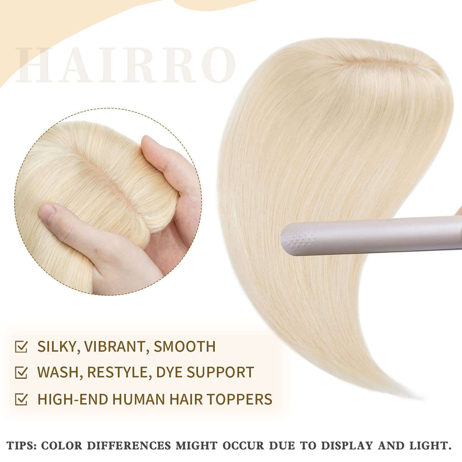 Hairro 100% Real Human Hair Toppers for Women No Bang, Clip in Real Hairpieces, Breathable Silk Base for Covering Greyish Thinning Hair Loss on Top, 6 Inch Platinum Blonde 3