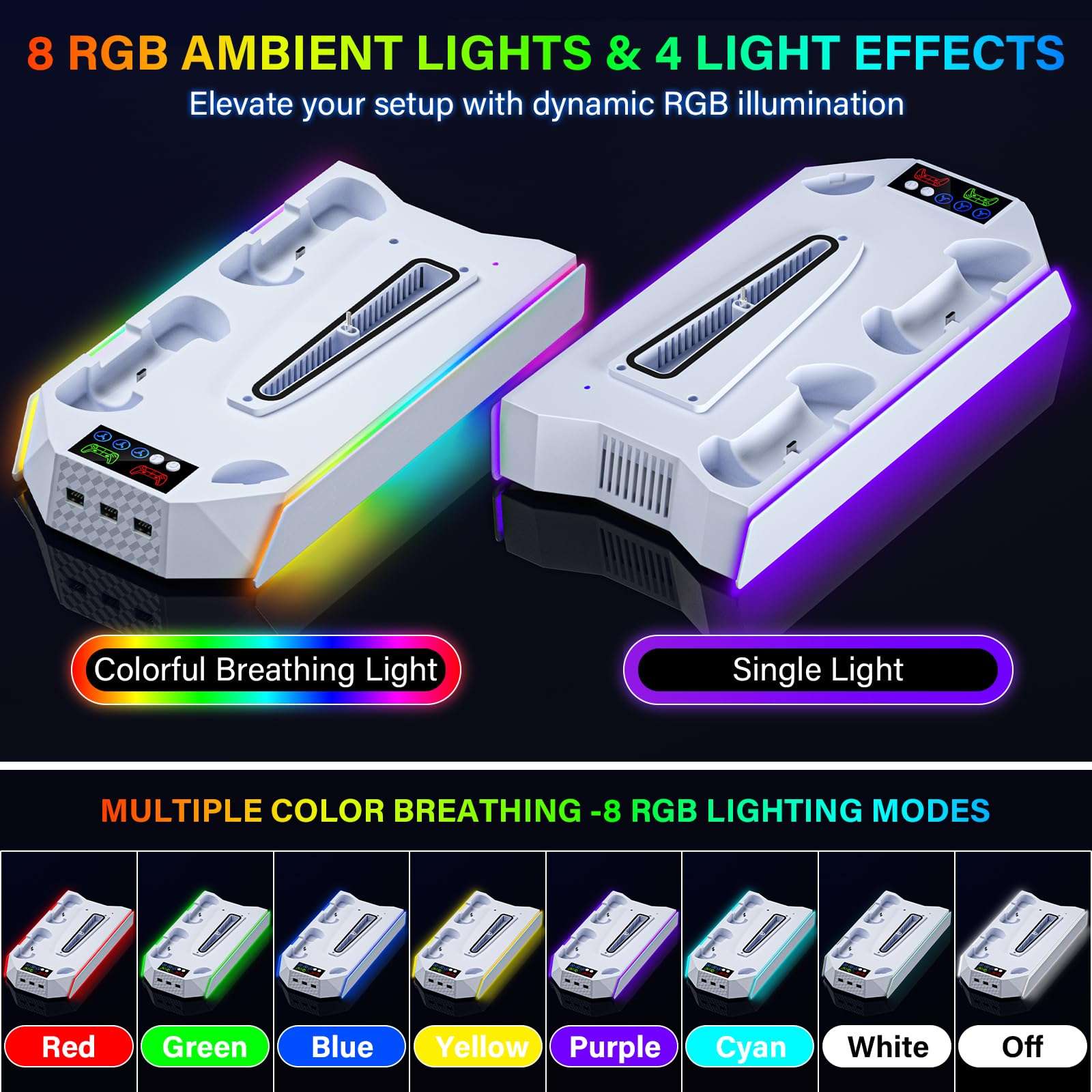 PS5/PS5-Slim-Cooling-Station-with-Controller-Charging-Station for PlayStation 5 Console Disc/Digital, LED RGB Light Cooling Stand with Cooler Fan for PS5 Accessories with 3 USB Hubs/Headset Holder 3