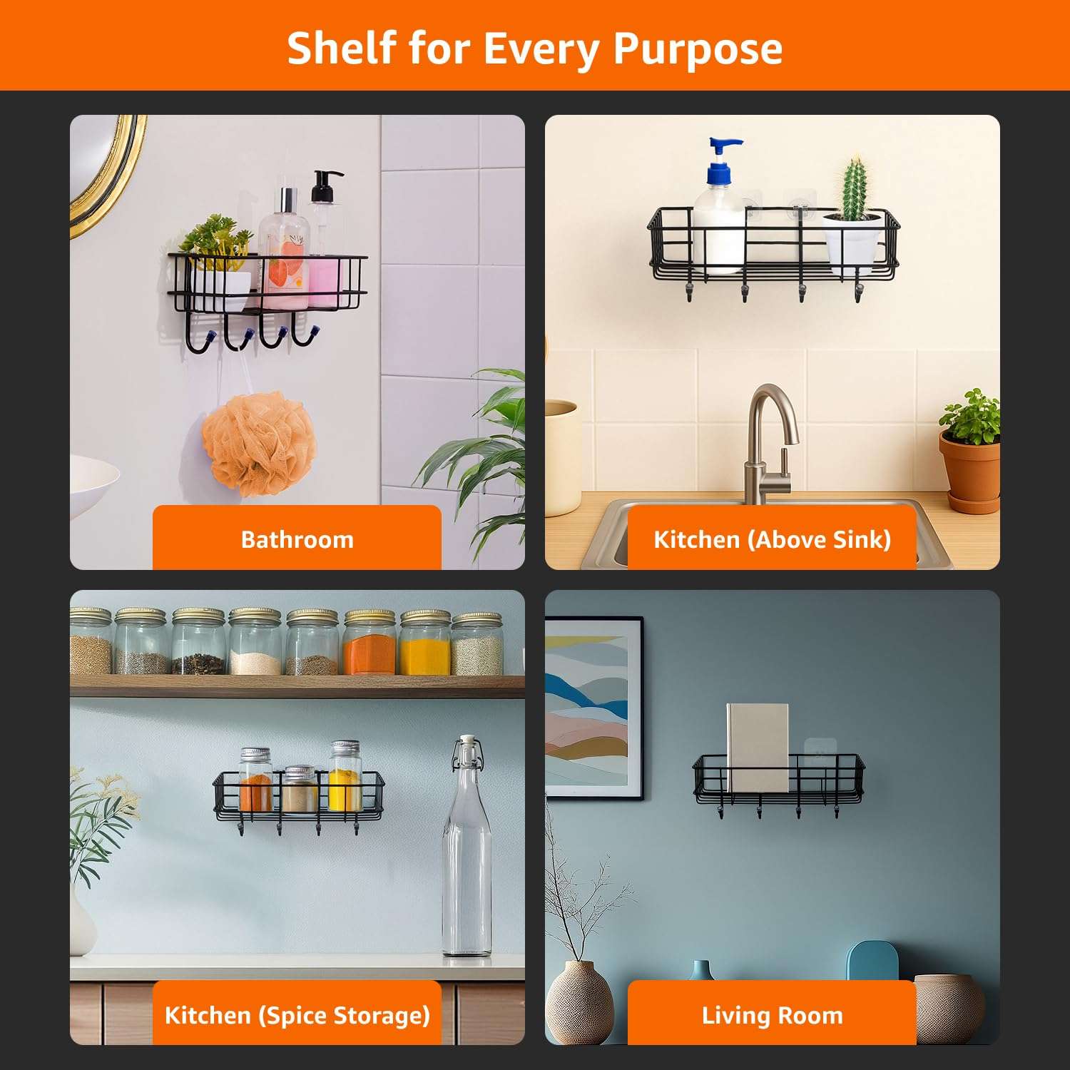 Amazon Basics Self-Adhesive Wall Shelf – No-Drill Multipurpose Bathroom/Kitchen Organizer with Hooks and Towel Holder, Rust Proof GI Steel Organizer | Black, 28.2 x 9.8 x 11.5 cm, Pack of 2 6