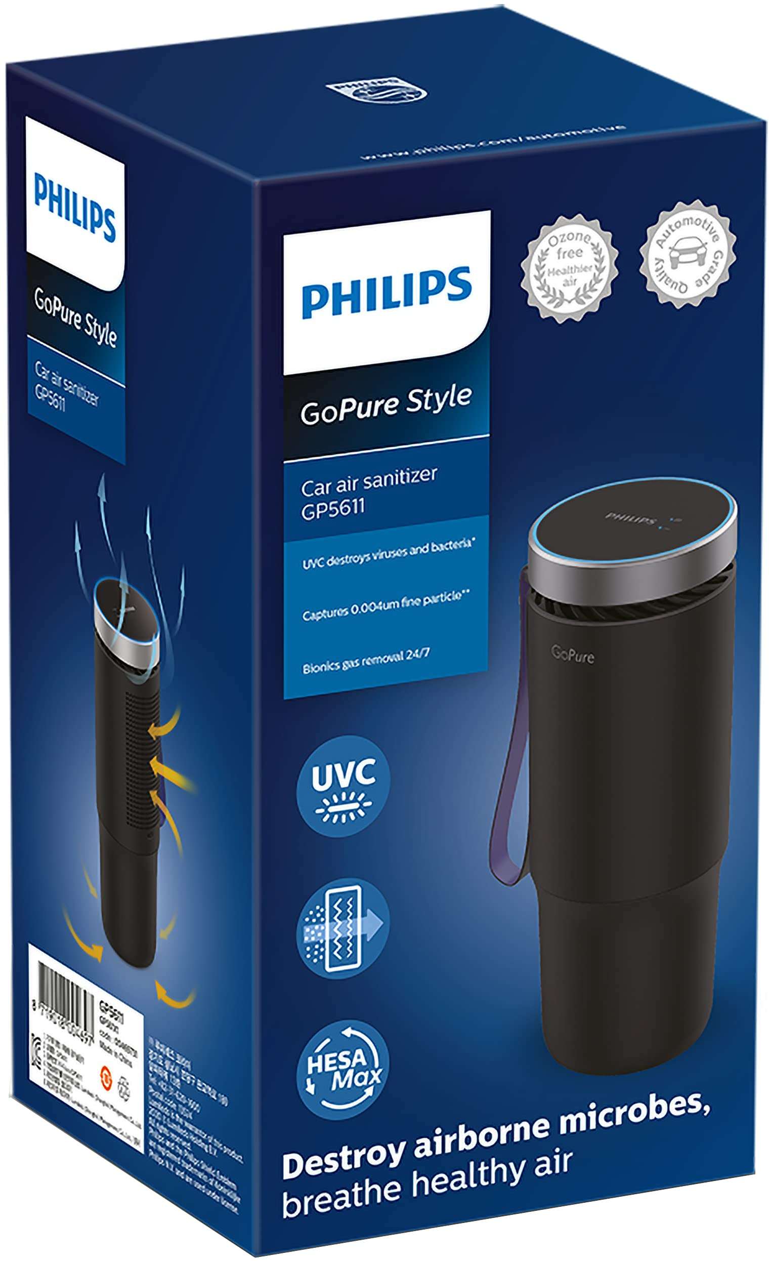Philips GoPure GP5611 Cup Holder Car Air Purifier with UV Filtration and HESAMax Technology 3