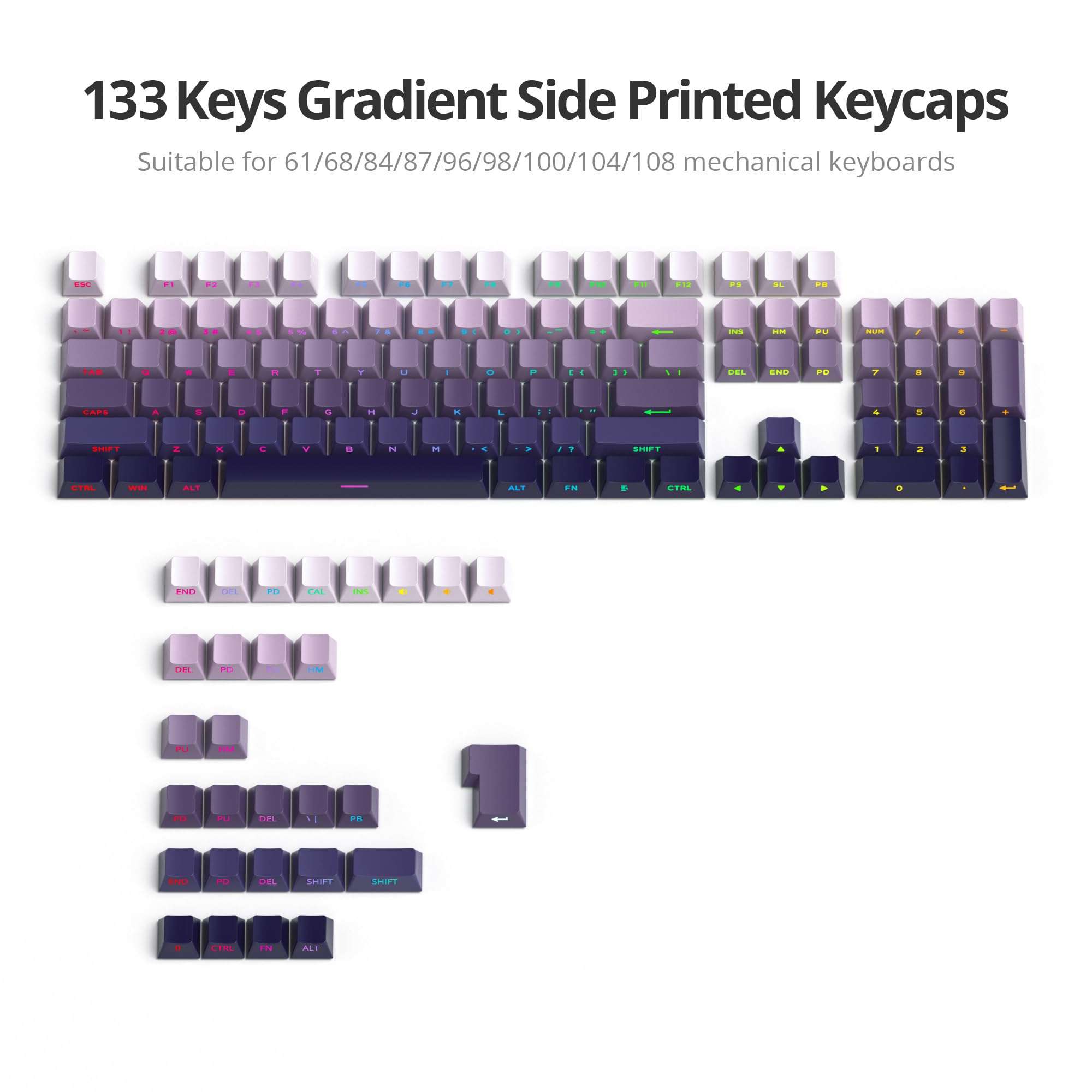 133 Keys PBT Gradient Gray Side Printed Keycaps,Double Shot Shine Through Custom Cherry Profile Keycaps for for Cherry/Gateron MX switches 60 Percent / 68/75% Gaming Mechanical Keyboard (Star Purple) 6