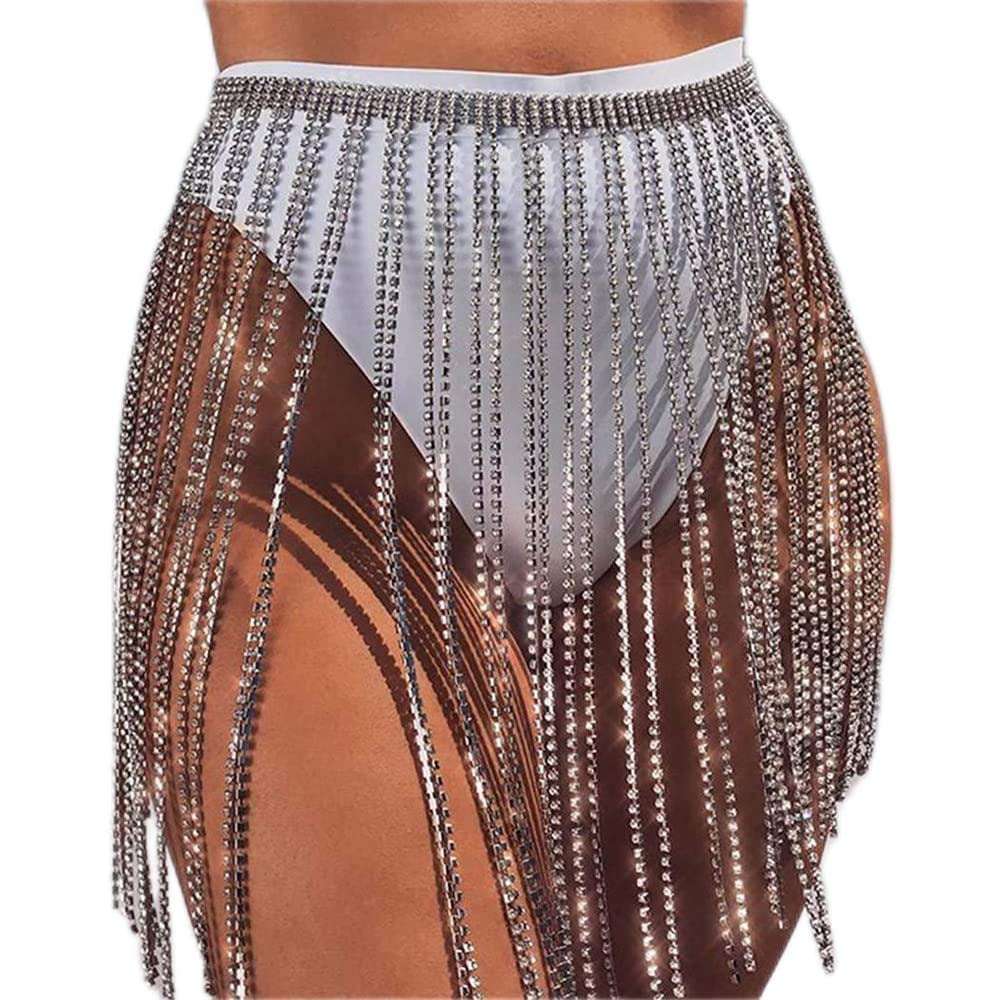 Kercisbeauty Sparkly Crystal Fringe Tassels Belly Belt Nightclub Hip Body Chain for Women Girls Belly Dance Rave Party Body Jewelry (Silver) 1