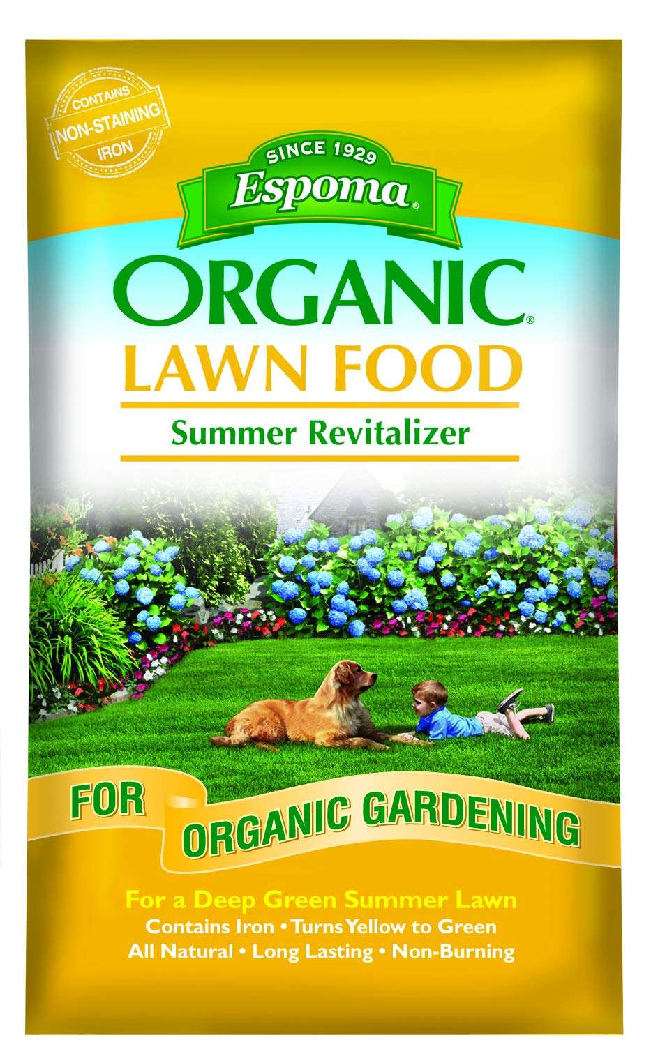 Espoma Organic Lawn Food Summer Revitalizer 8-0-0 Natural & Organic Fertilizer for All Lawns; Provides Iron & Long Lasting Organic Nitrogen for a Greener Lawn. 30 lb. Bag Covers up to 5,000 Sq. Ft.