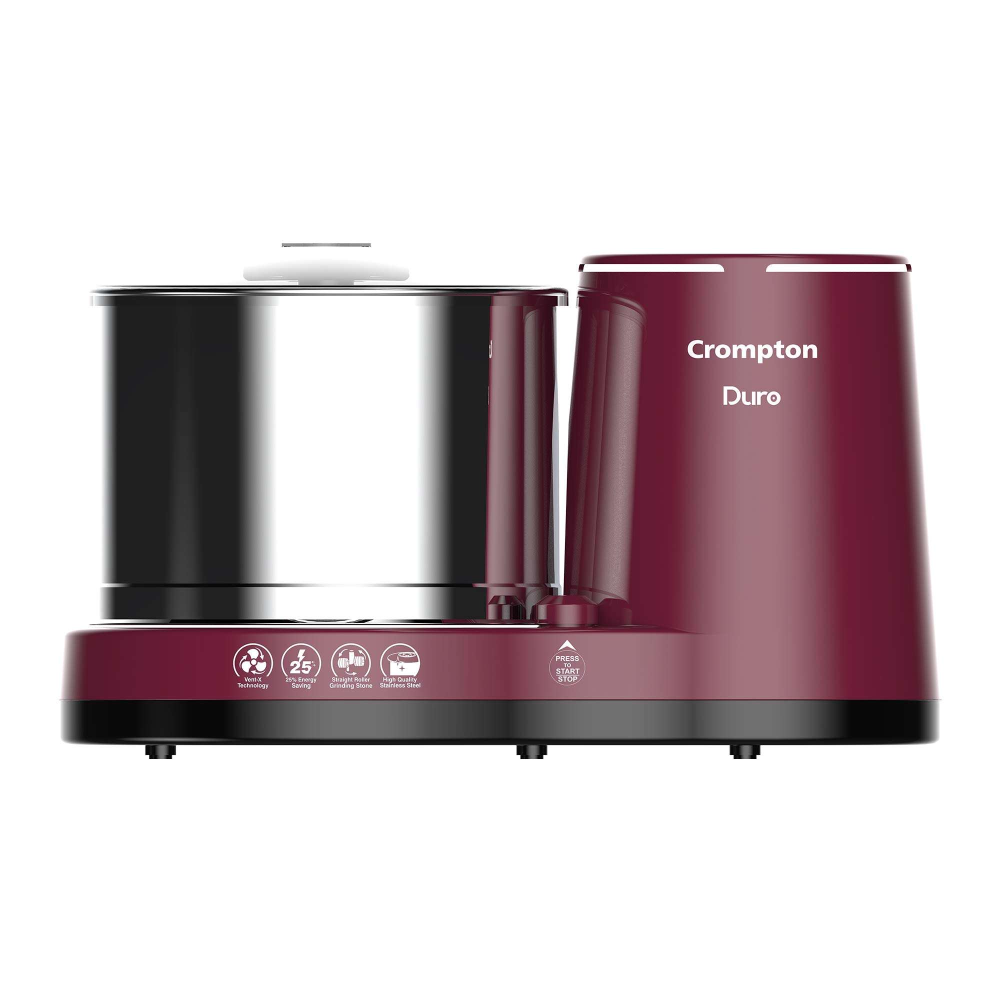 Crompton Duro 2-L Wet Grinder with Motor Vent-X Technology 1 Jar with Coconut Scrapper and Atta Kneader Accessories (Cherry Brown) 3