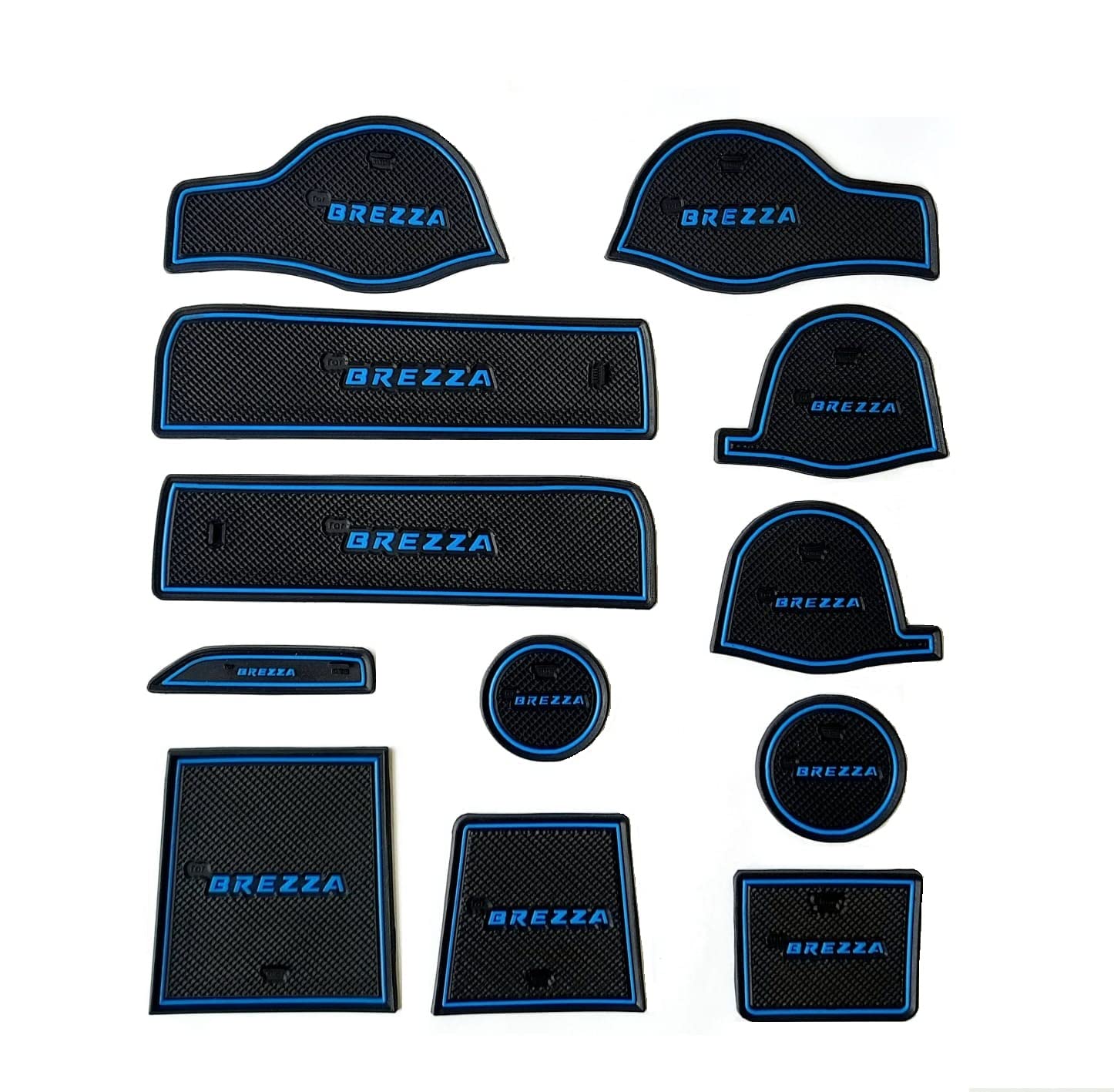 Car Drome - The Mat Store Rubber Car Drome - Door Pocket Cup Holder Mats For Maruti Suzuki Vitara Breeza (2016-2021) | Set Of 12 Mats (Blue Trim)