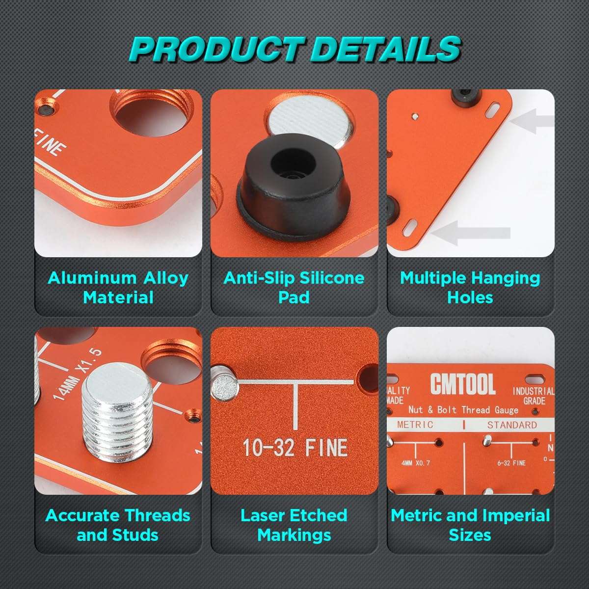 CMTOOL Thread Checker Standard and Metric, Nut Bolt Size and Thread Gauge Set, Aluminum Alloy Bolt Measuring Tool Identifier Board, Screw Size Checker 5