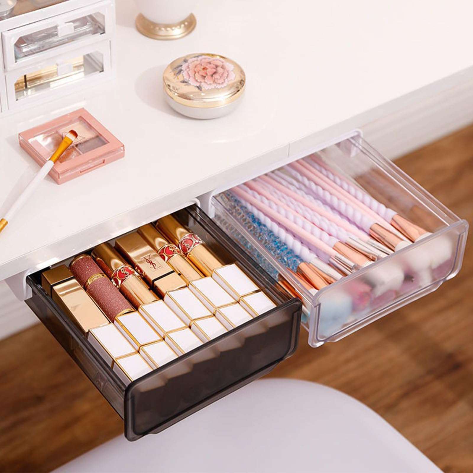 Davidsons Collection Self-adhesive Under Desk Drawer, 2 Packs Table Hidden Organizer Slide Out Large Storage Desktop Pencil Tray for Office Home School Kitchen , Matte Black 3