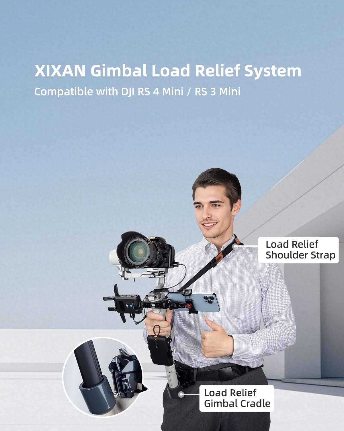 XIXAN Handheld Gimbal Stabilizer Accessories Load Relief Kit with Adjustable Shoulder Strap, Belt, Gimbal Cradle Support, Extension Rod. Hold Gimbal Easier and Longer. Fits DJI RS 4 mini/RS 3 mini 3