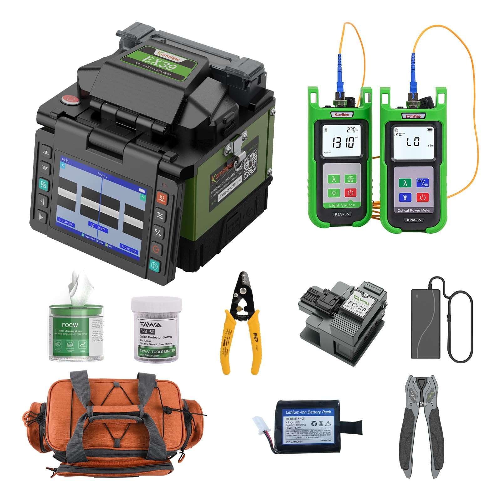 Komshine EX39 FTTH Mini Fiber Fusion Splicer Machine Kit 8s Fast Splicing Fast-Heating 18s with Fiber Cleaver FC-30 + -70+10dBm 7 Wavelengths KPM-35-G-A + 850/1300/1310/1550nm KLS-35-MS 1