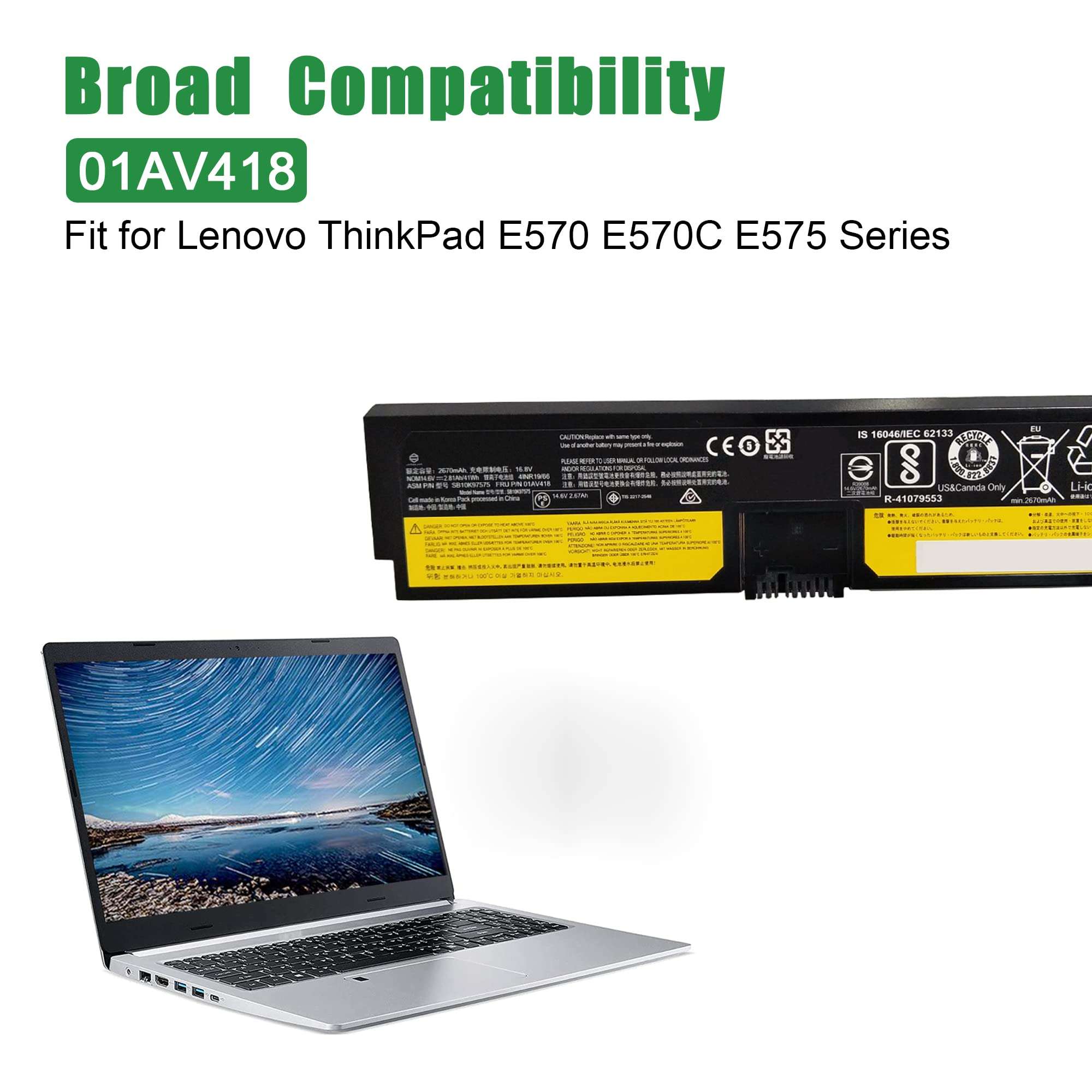 JIAZIJIA 01AV418 SB10K97575 Laptop Battery Replacement for Lenovo ThinkPad E570 E570C E575 Series 83 01AV417 SB10K97574 4X50M33574 82 01AV414 SB10K97571 01AV415 SB10K97572 01AV416 14.6V 41Wh 5